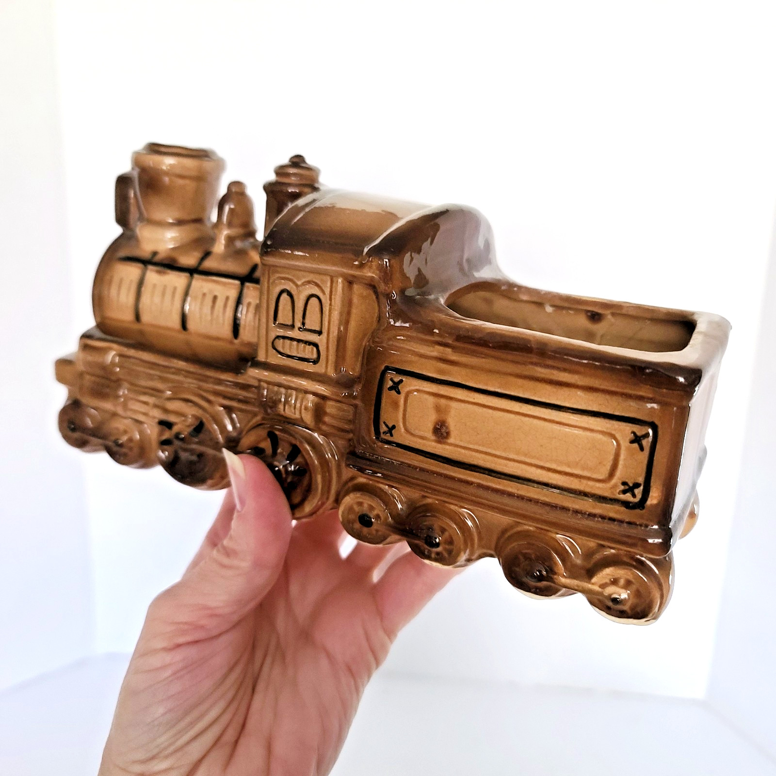 Vintage Locomotive Train Ceramic Planter Engine Mid Century Brown 8"