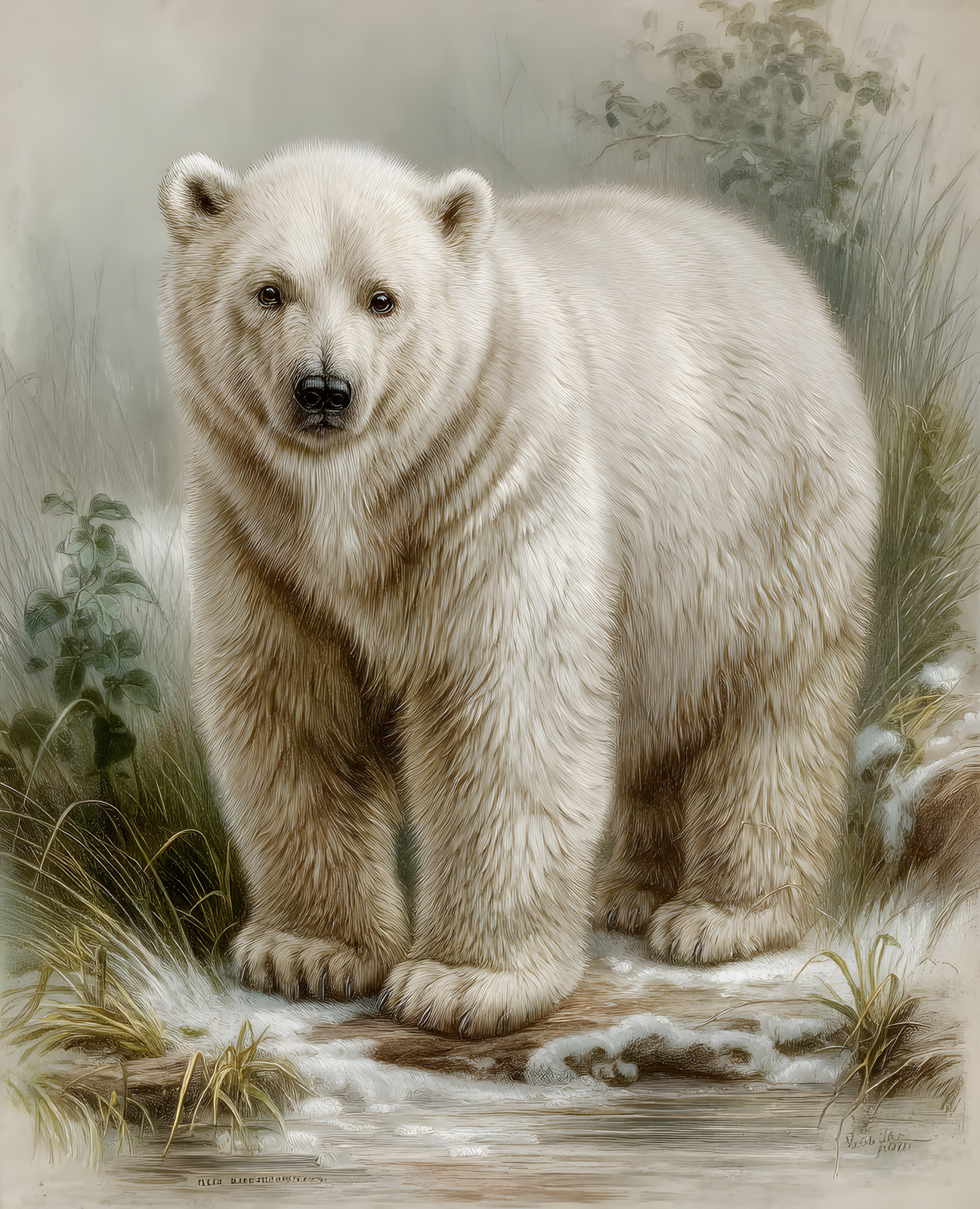 Polar Bear Standing in a Snowy Wetland Landscape Print - 468662208