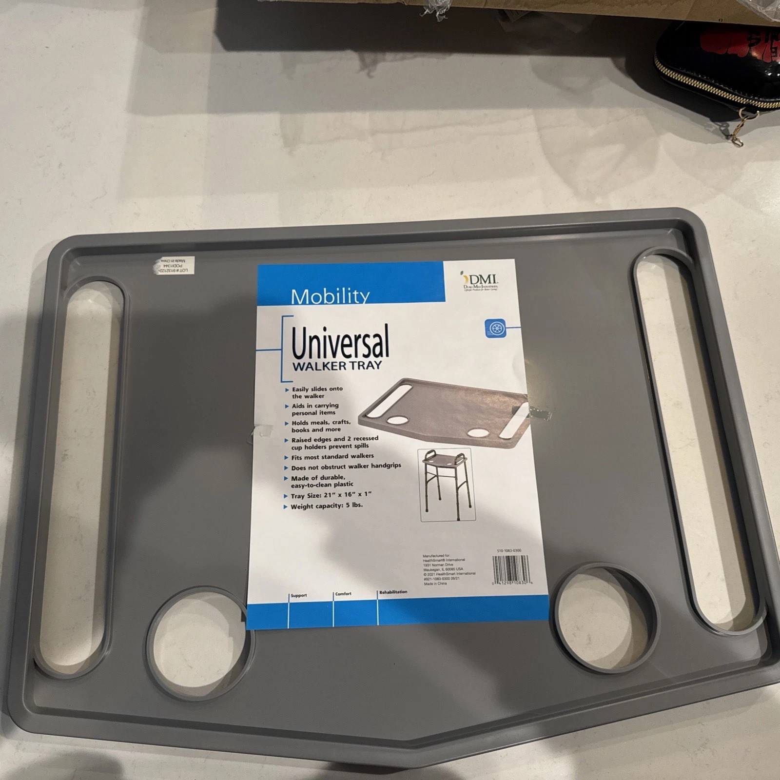 Universal DMI Walker Tray, Gray with Cup Holders