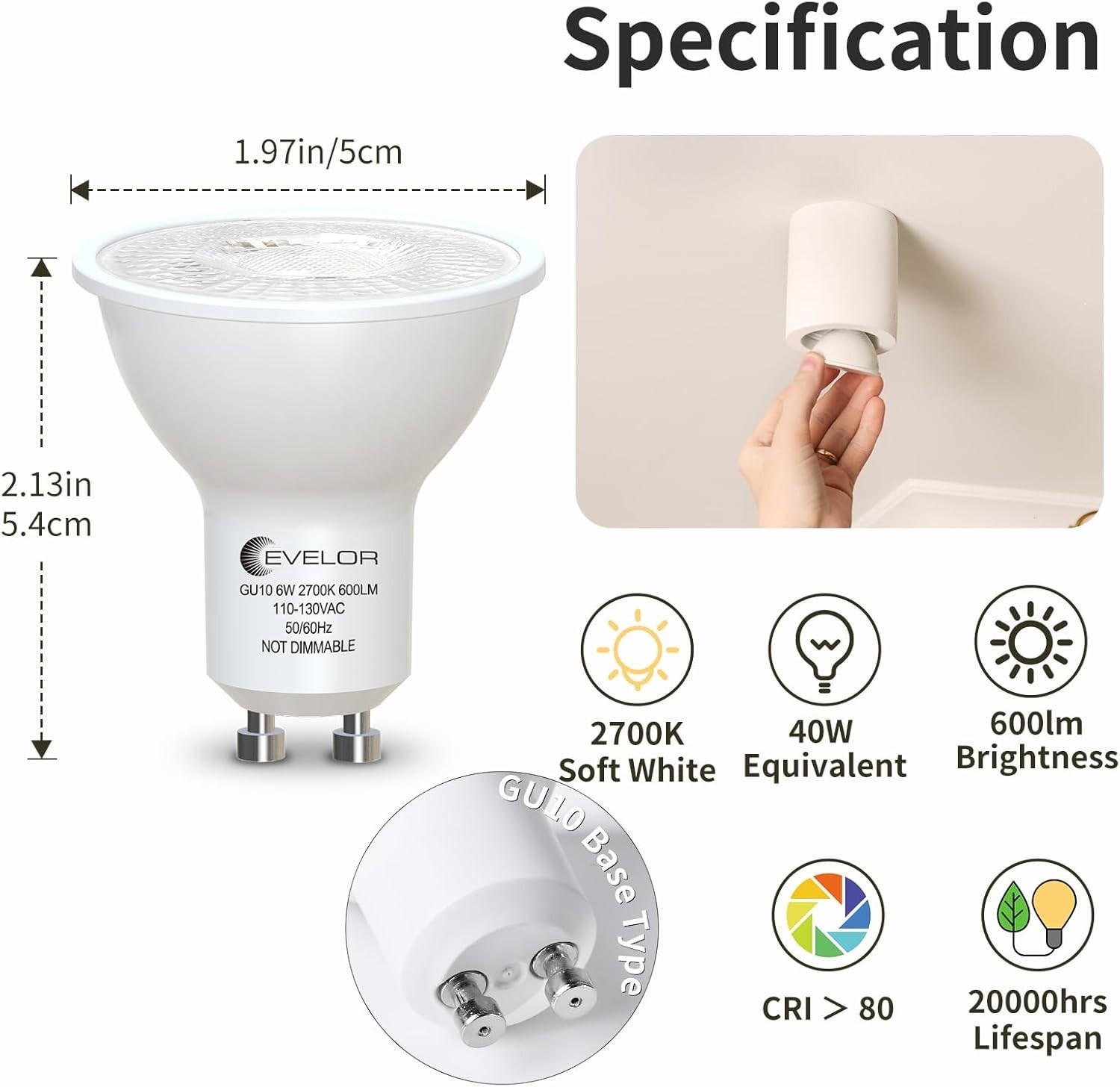 GU10 LED Bulbs Dimmable 2700K Warm White Track Lighting 40W Equivalent 6 Pack