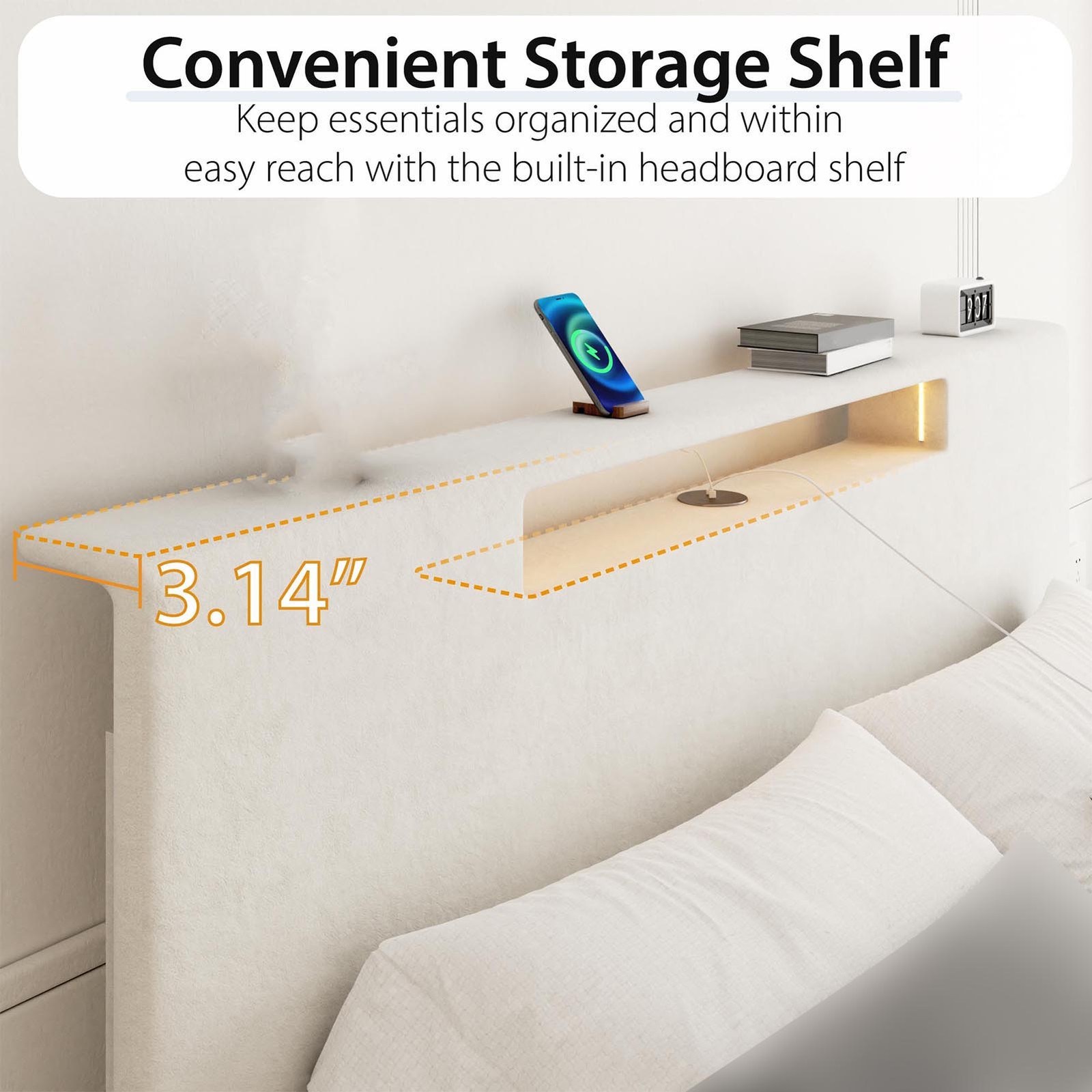 Upholstered Platform Bed Large Size Frame With LED Light And Charging Function