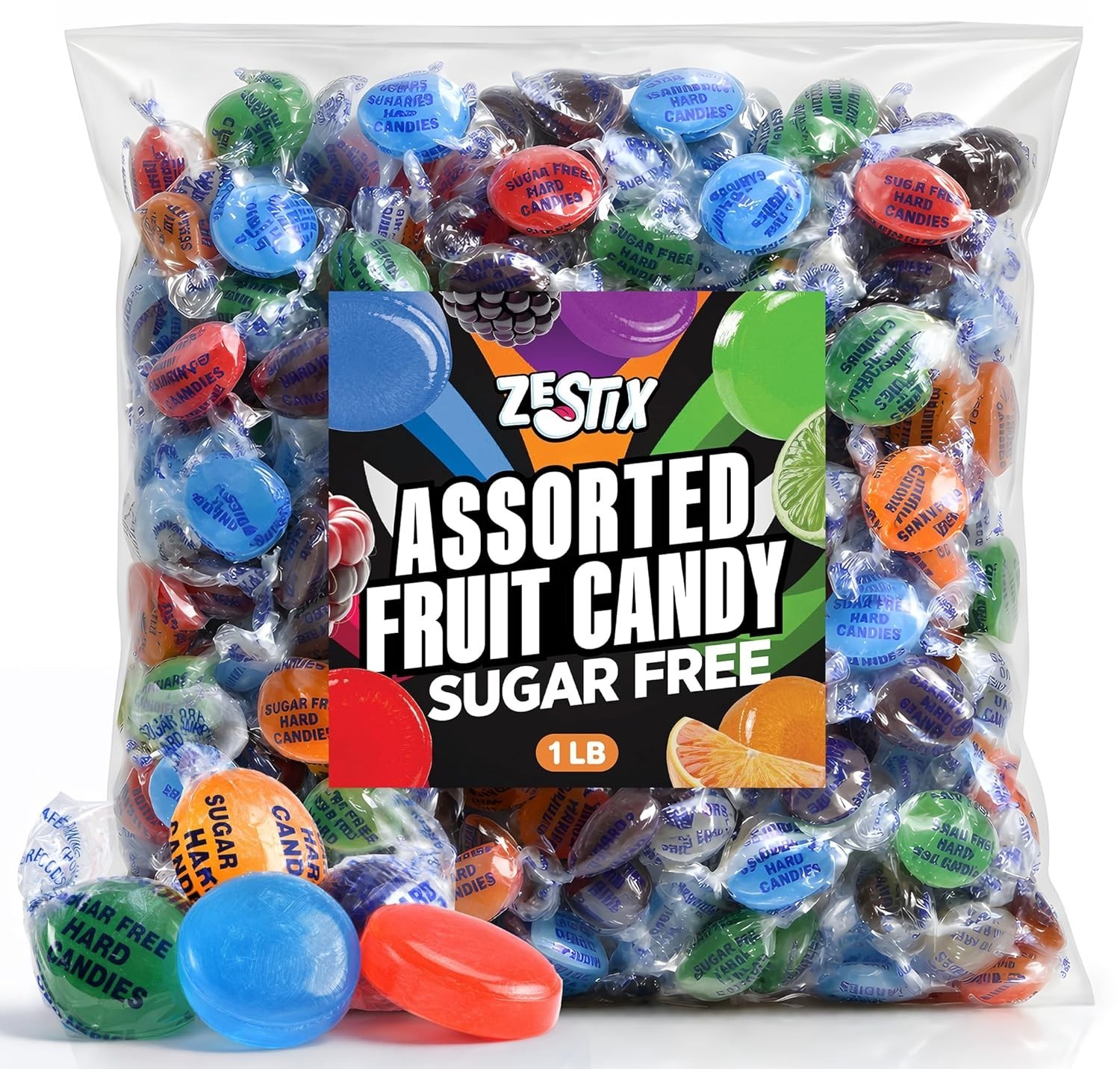 Sugar Free Assorted Fruit Hard Candy 1 lb Bag Individually Wrapped Sugarless Mix