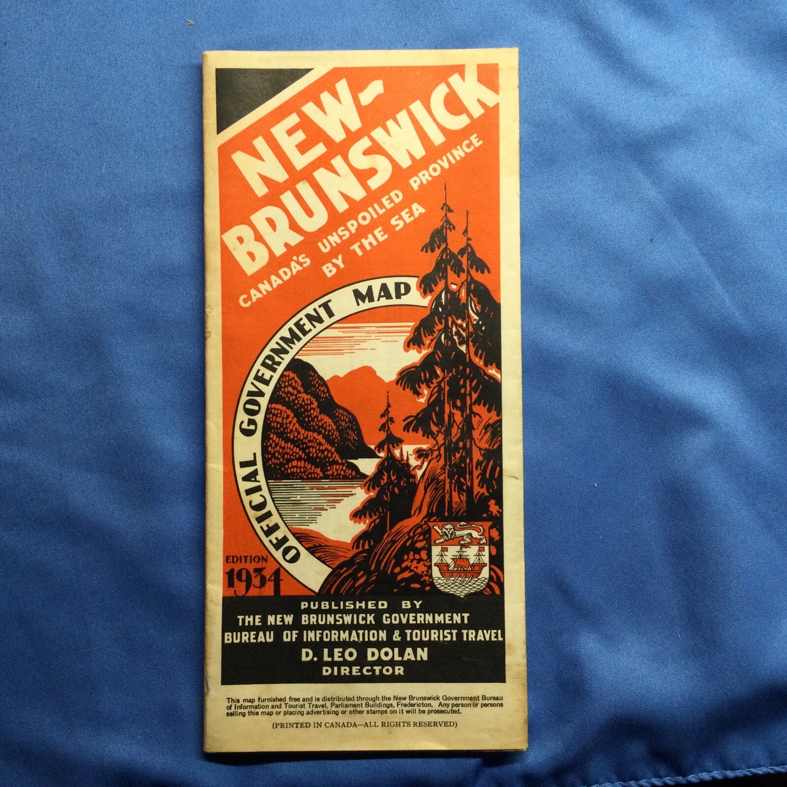 Vtg 1934 New Brunswick Canada Map Towns Highways Attractions OFFICIAL GOVT MAP
