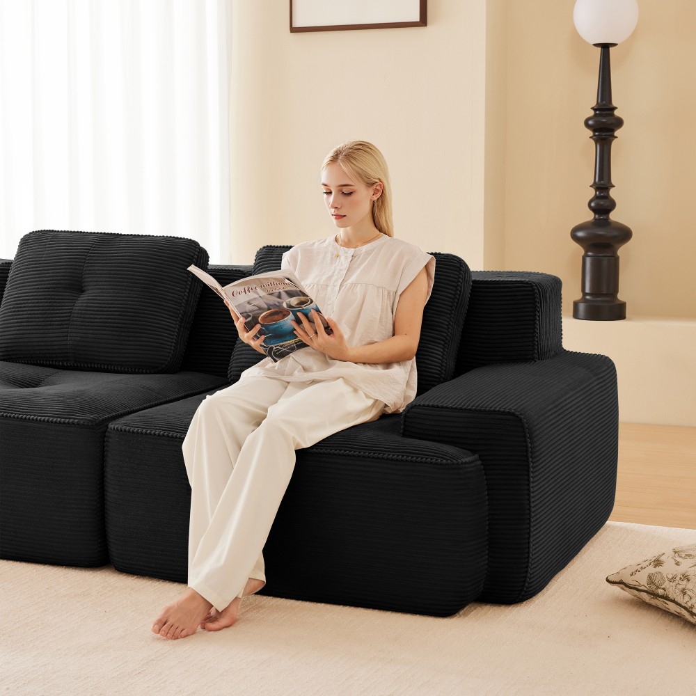 117" Modern Modular Sofa w/ Deep Seat, Tufted Design, Corduroy Fabric, Black