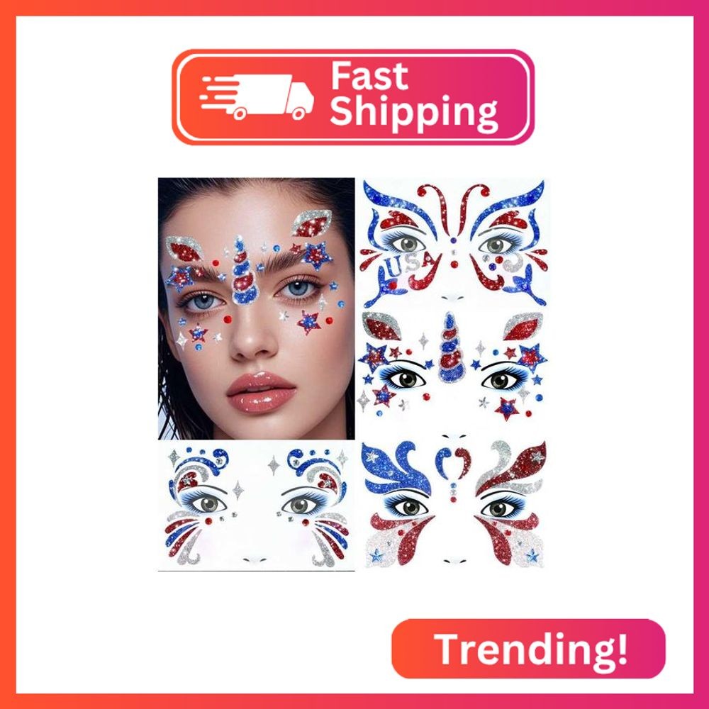Boko 4th of July Face Stickers, 4Pcs Red White Blue Temporary Tattoos