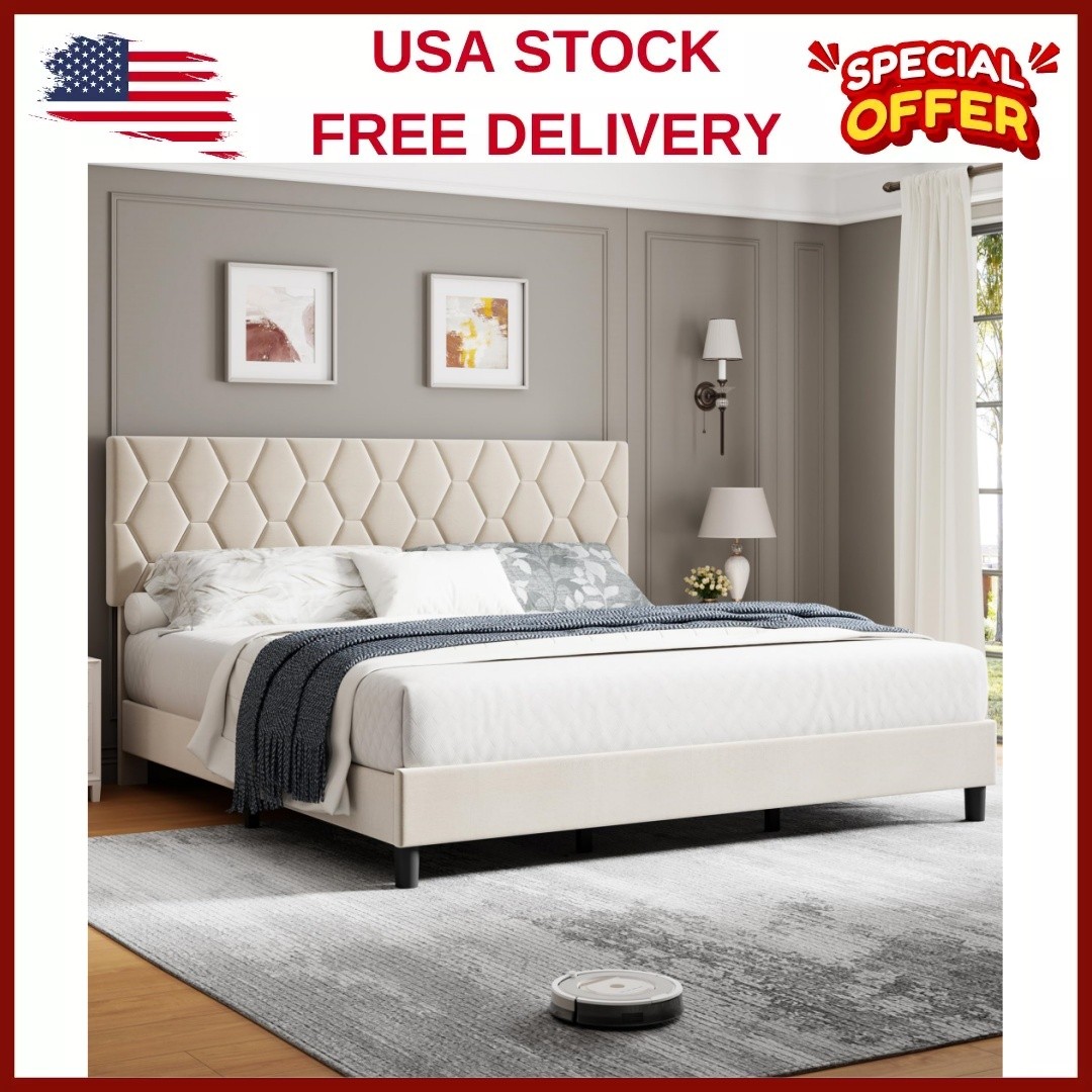 ☑️Queen Upholstered Bed Frame Heavy-Duty Platform Bed Frame Upholstered Headboar