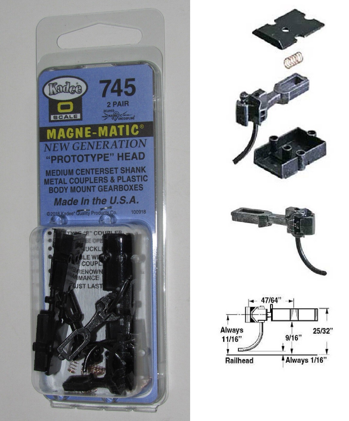 Kadee Proto 48 O scale #745 ~ "Prototype Head E"  Medium Metal Couplers - 2 Pair
