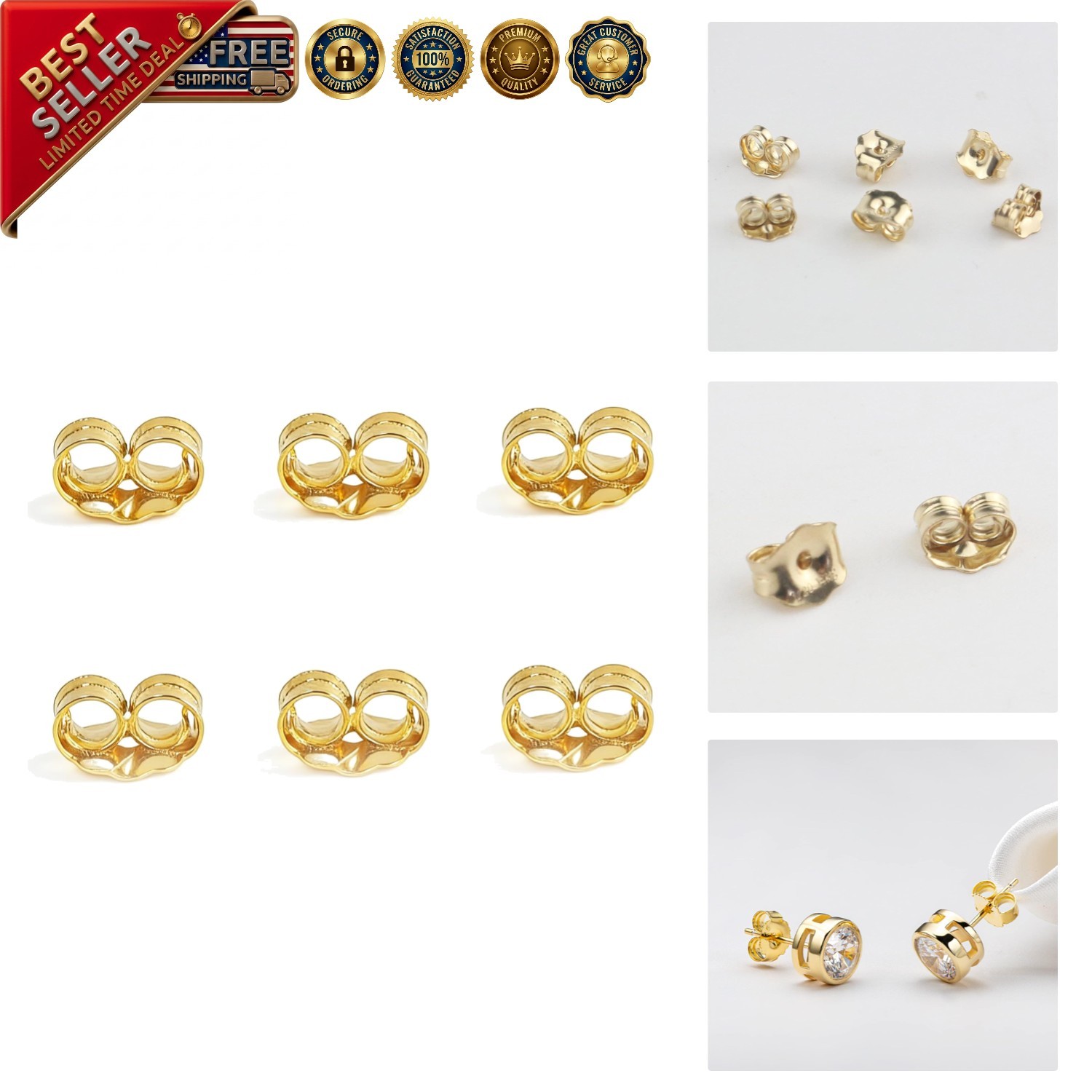 Stylish 14K Gold Locking Earring Backs - Perfect for Stud Earrings (3 Pairs)