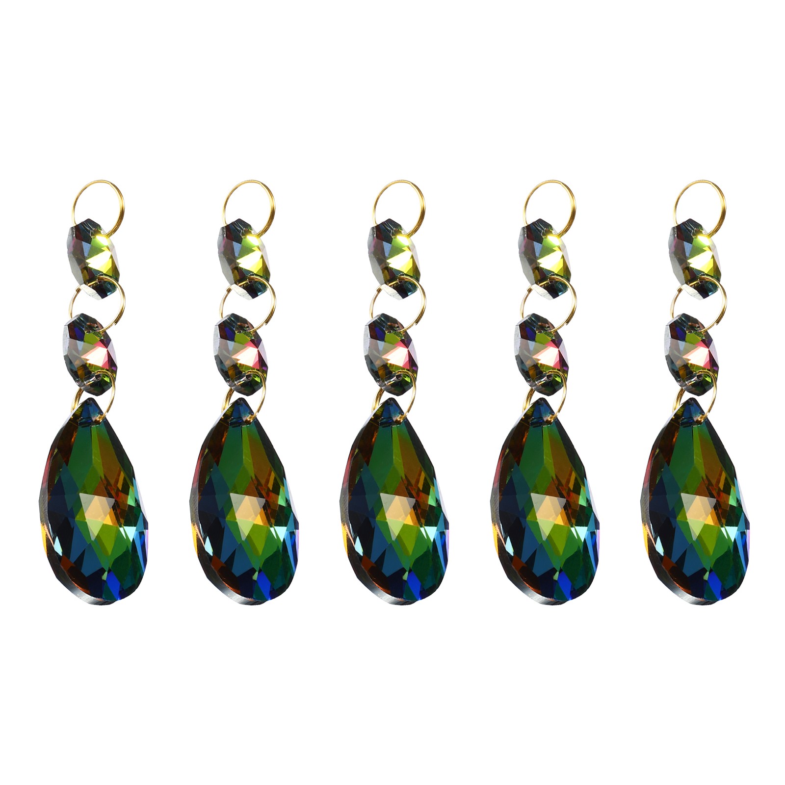5Pcs 38mm Rainbow Color Crystal Teardrop w 14mm Octagonal Bead Rainbow Color