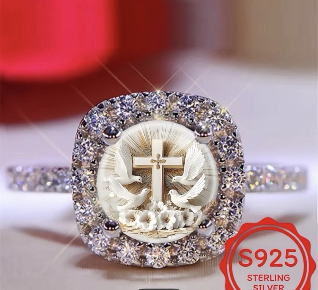 Sterling Silver Religious Cocktail Ring with Cross and Dove Motif