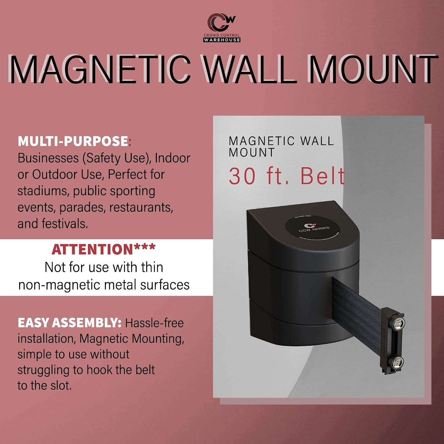 Wall Mounted 30ft Retractable Belt Barrier - Red with White Warning