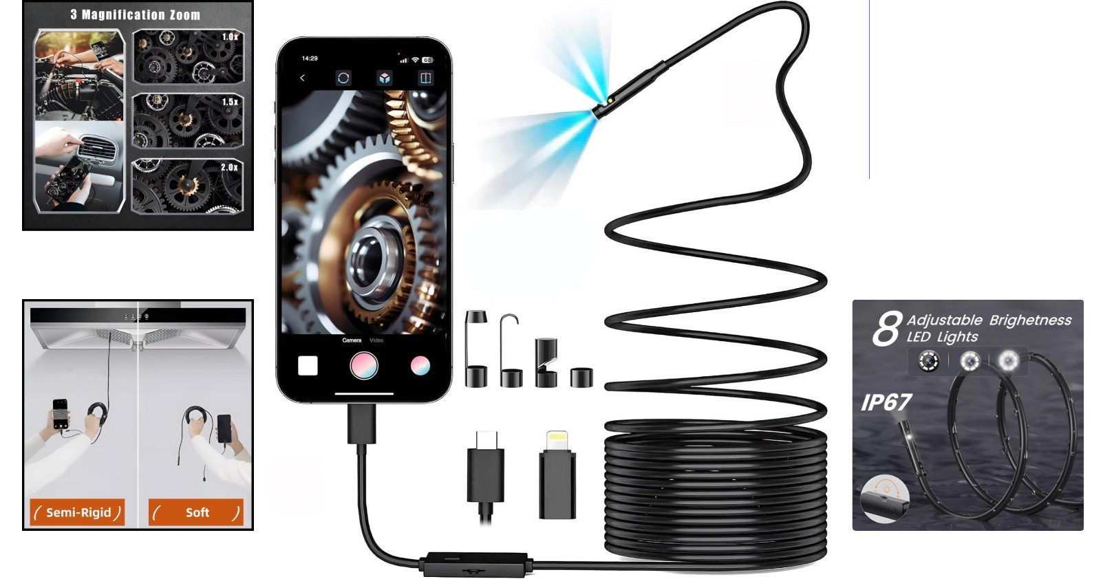 1920P Waterproof Borescope with Adjustable LEDs - Perfect for Inspections