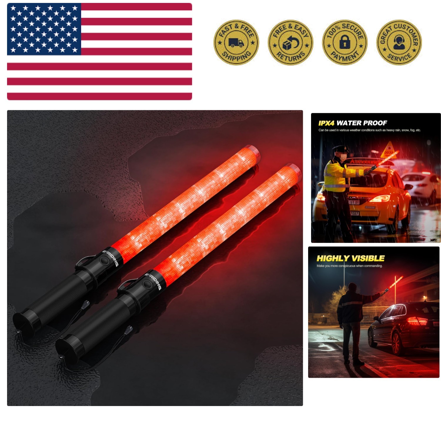2 Pack Traffic Wand, 21 Inch LED Traffic Control Wand with 3 Flashing Modes &...