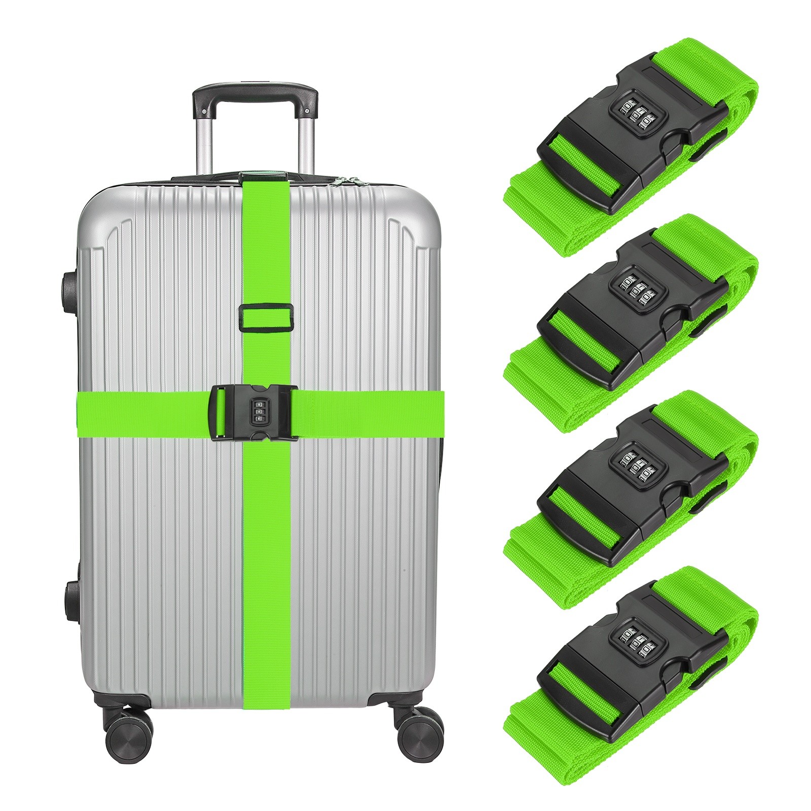 4pcs Luggage Straps with Combination Lock Suitcase Belt, Fluorescent Green