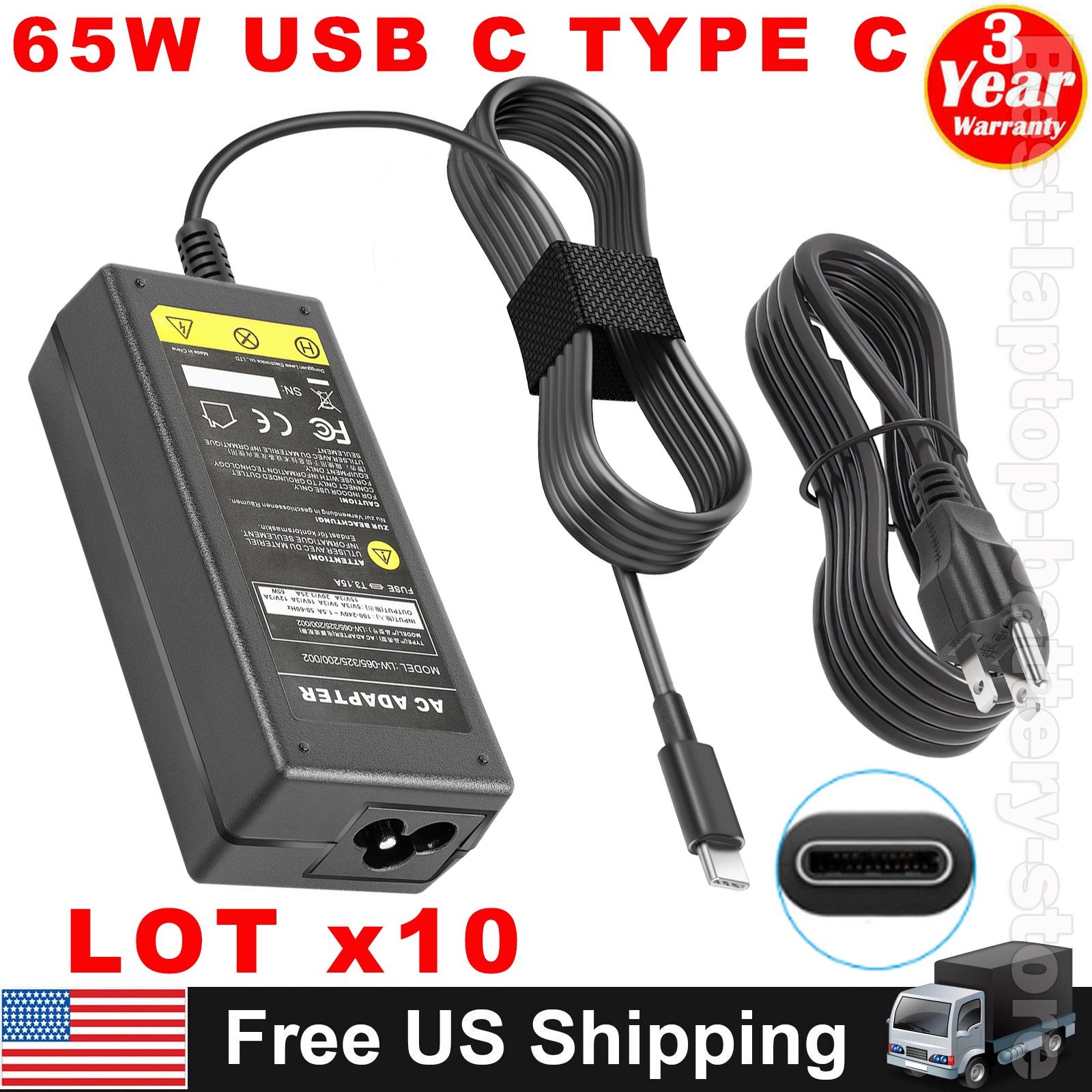 LOT x10 65W USB-C Power AC Adapter Charger for Dell Chromebook XPS Laptop TESTED