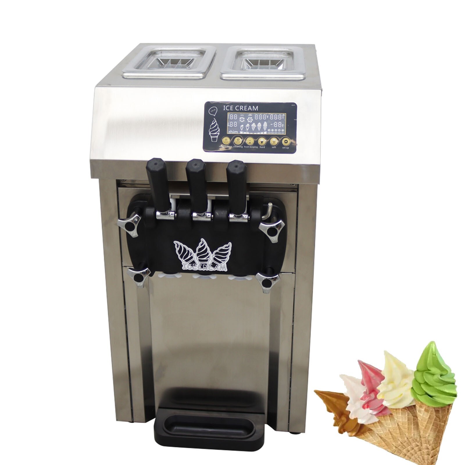 Soft Ice Cream Machine 3 Flavors Ice Cream Maker w/LED Display &Pre Cooler 110V