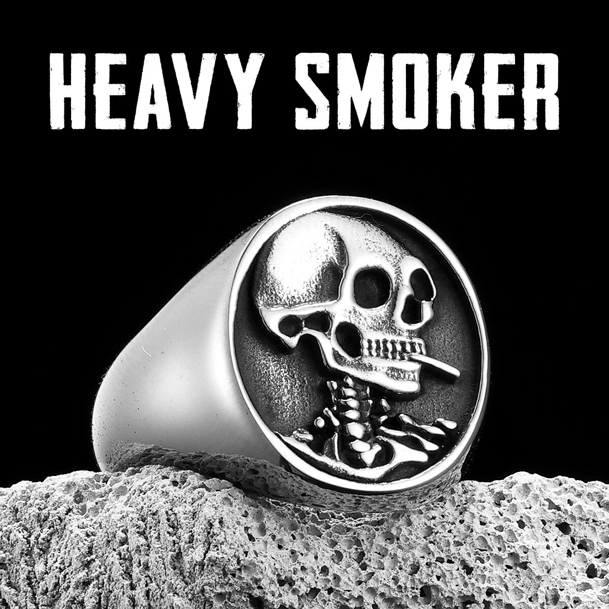Heavy Smoker Skull Men Rings Stainless Steel Jewelry Vintage Punk Thug Life