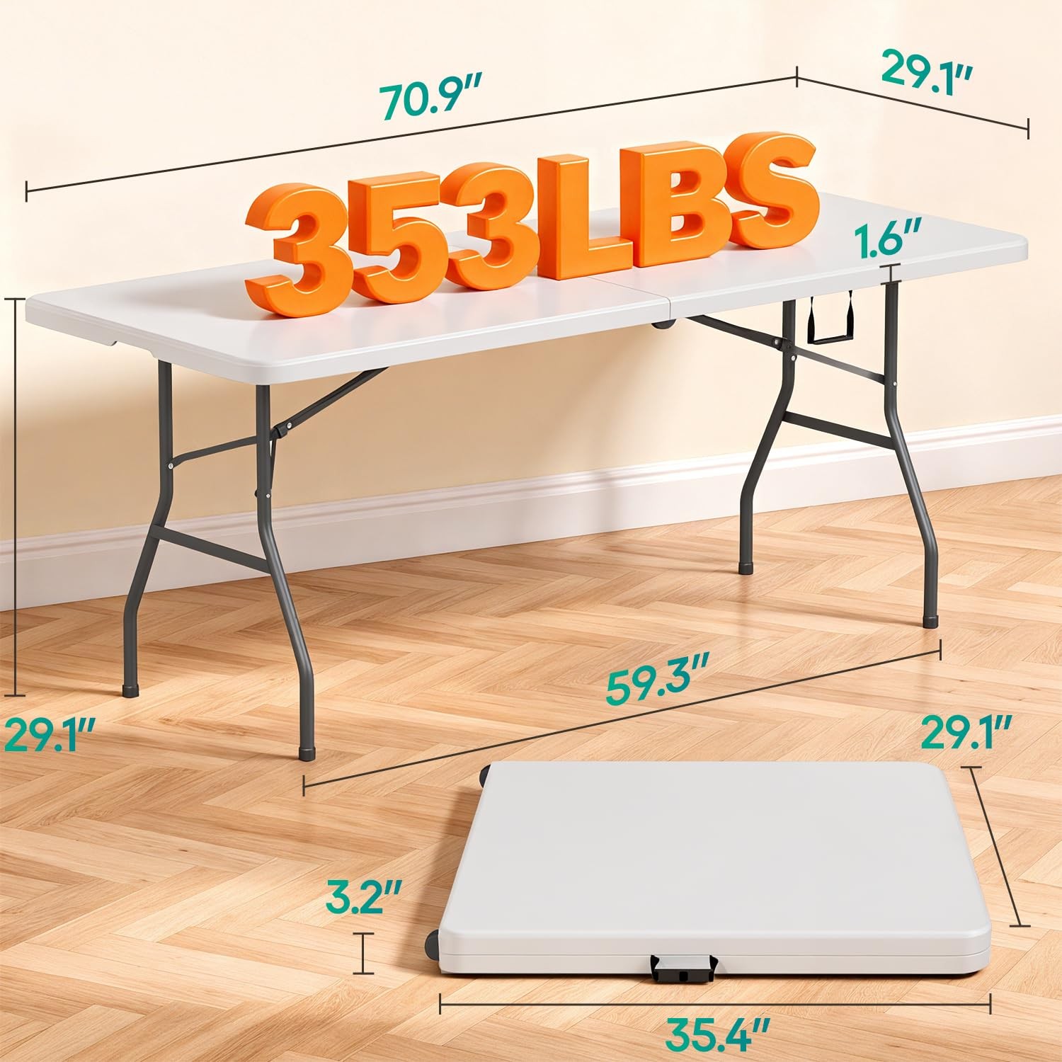 6FT Folding Table, Portable Fold-in-Half Plastic Picnic Party Table with Carr...