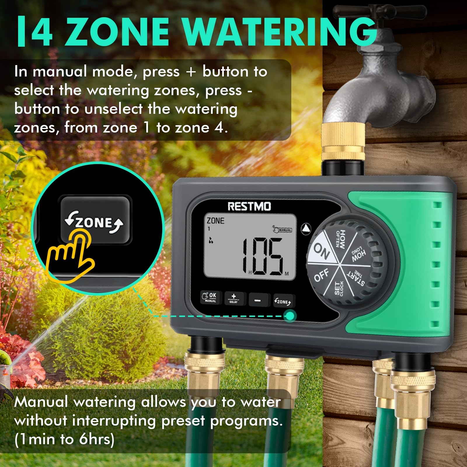 4Zone Sprinkler Timer, Programmable Water Timer for Garden Hose