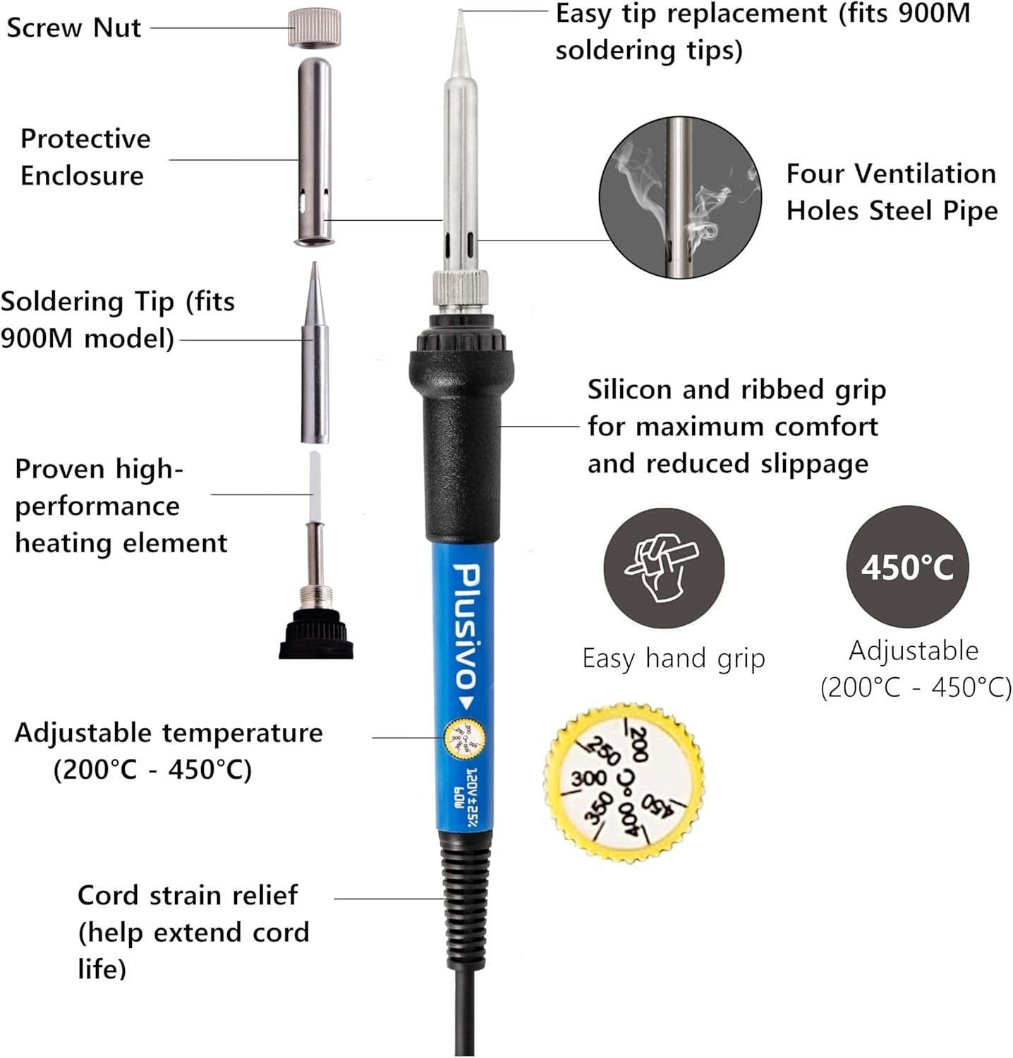 60W Adjustable Soldering Iron Kit - 5-in-1 Electronics Repair Starter Set