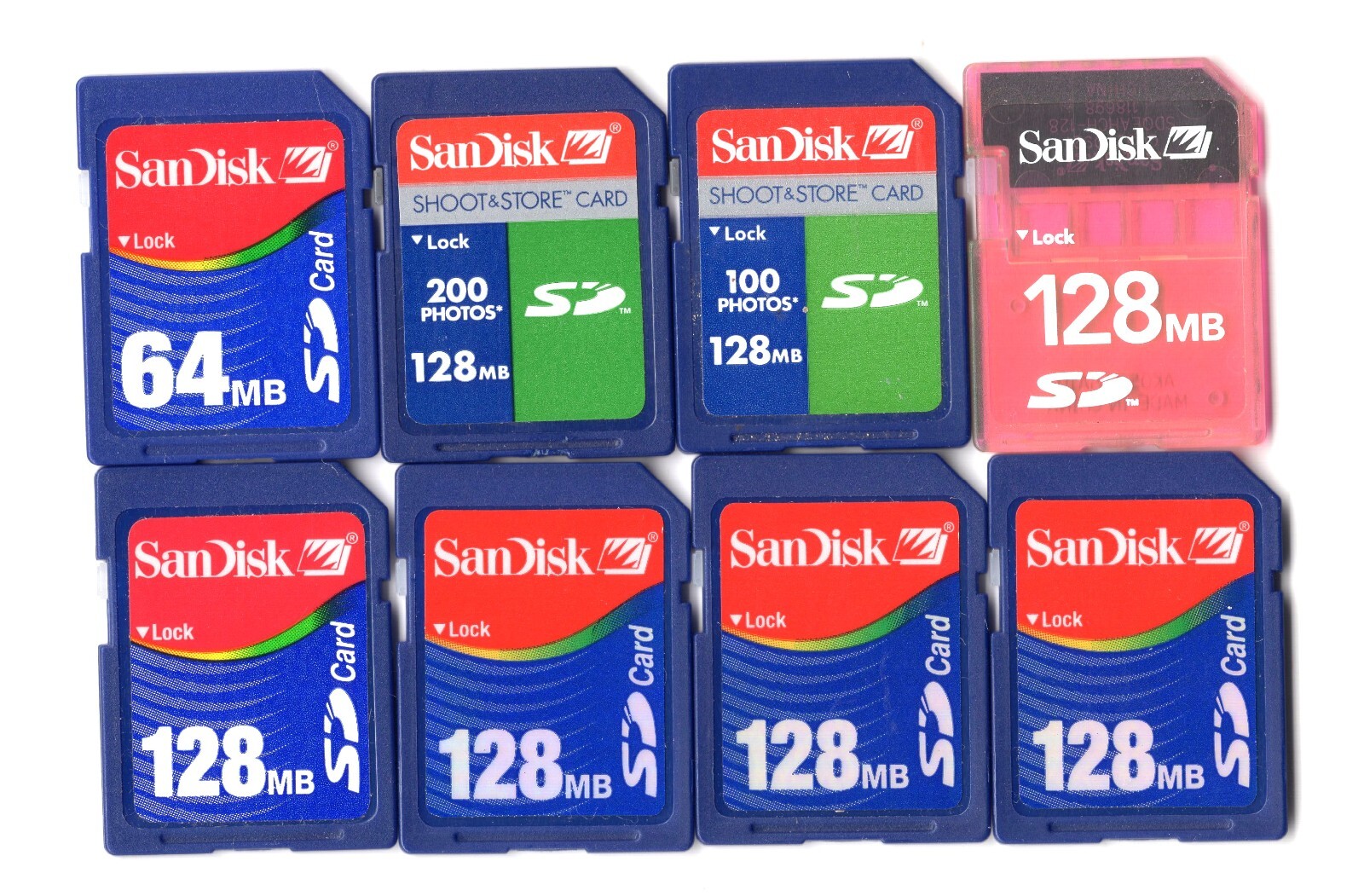 Lot Of 8x SanDisk 64MB / 128MB MEGABYTE SD Camera Memory Cards