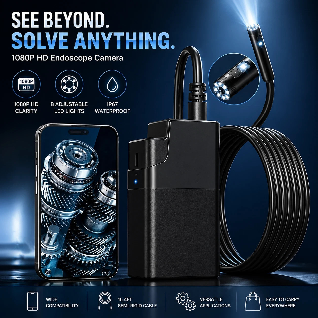 Wireless Endoscope Camera 2560P HD Dual Lens WiFi Borescope 16.4FT IP67 for iOS