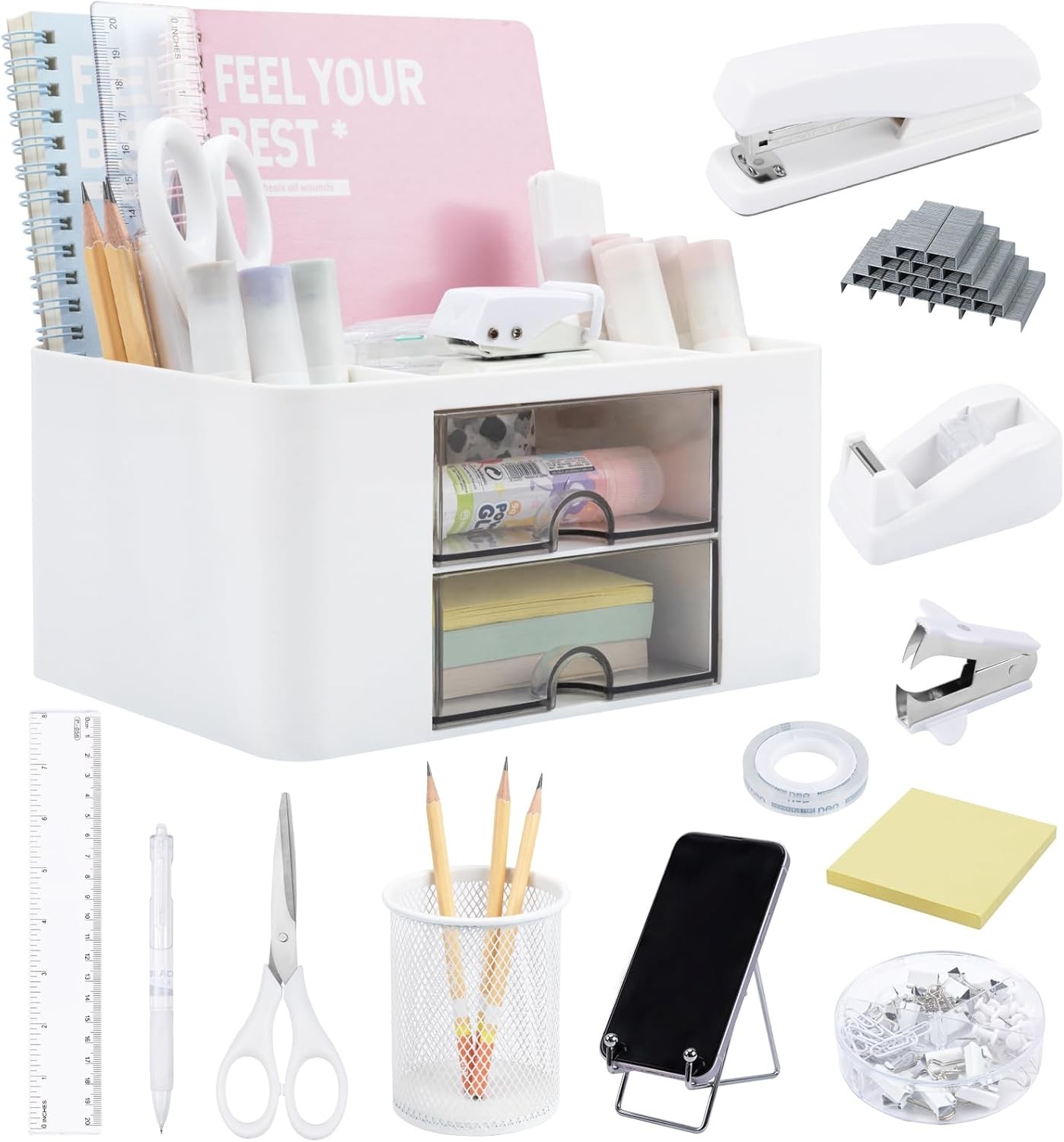 White Desk Organizers and Accories 12+, Office Supplies for Desk, Pen