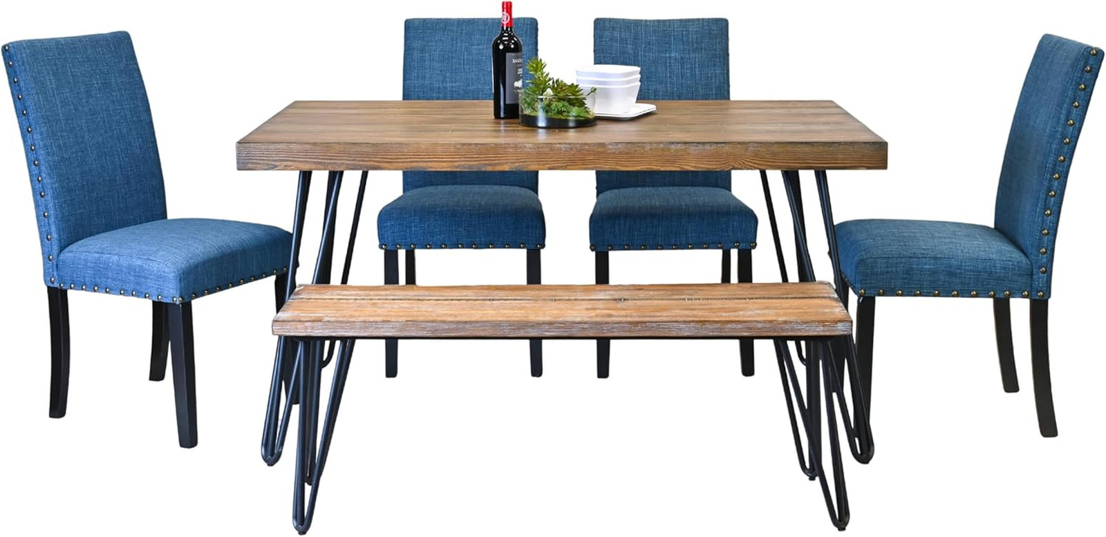 Amisos 6-Piece Dining Set, Hairpin Dining Table with 4 Chairs and a Wood Bench,