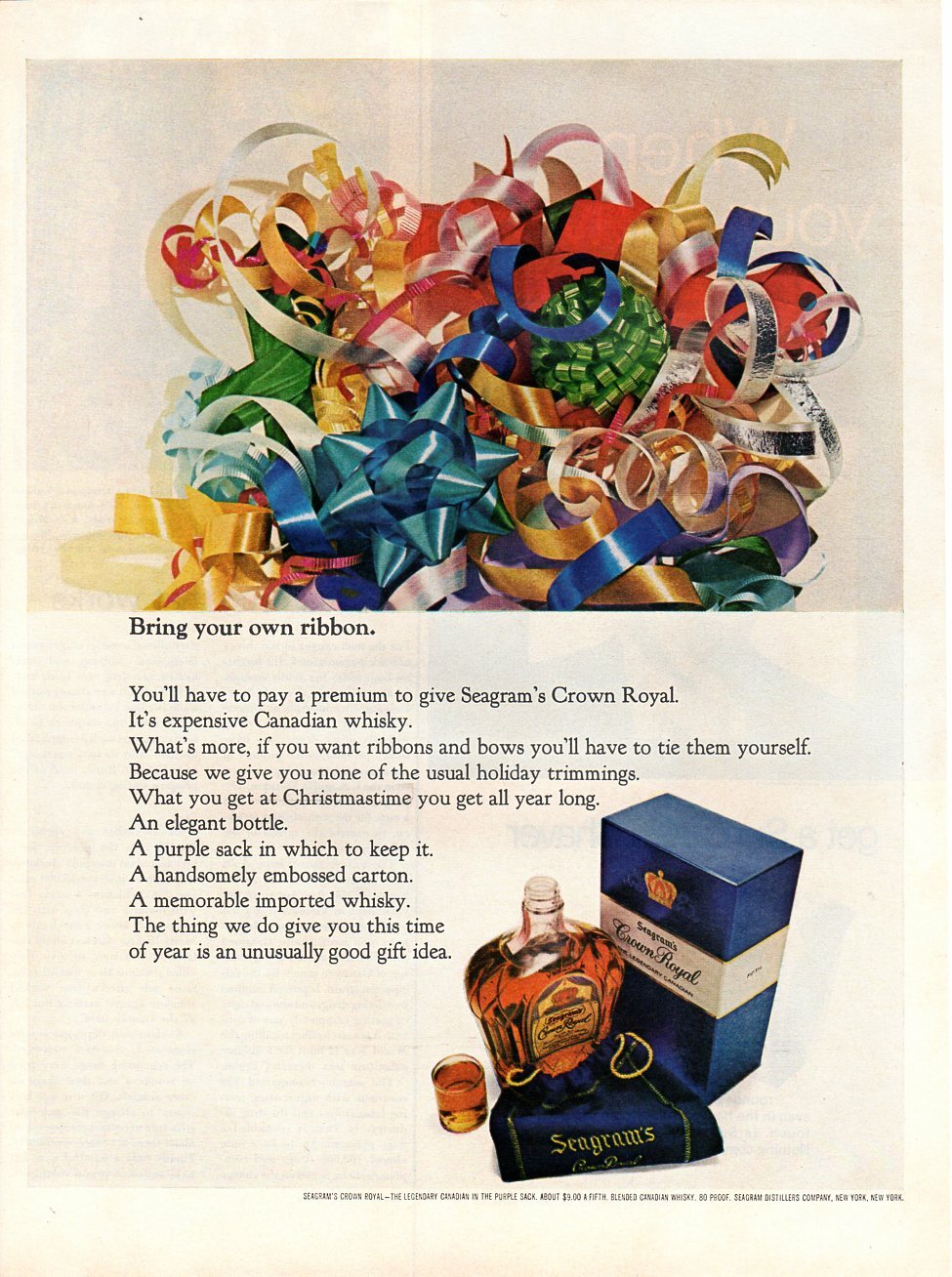 Vintage advertising print Alcohol Seagram's Crown Royal Bring your own ribbon 67