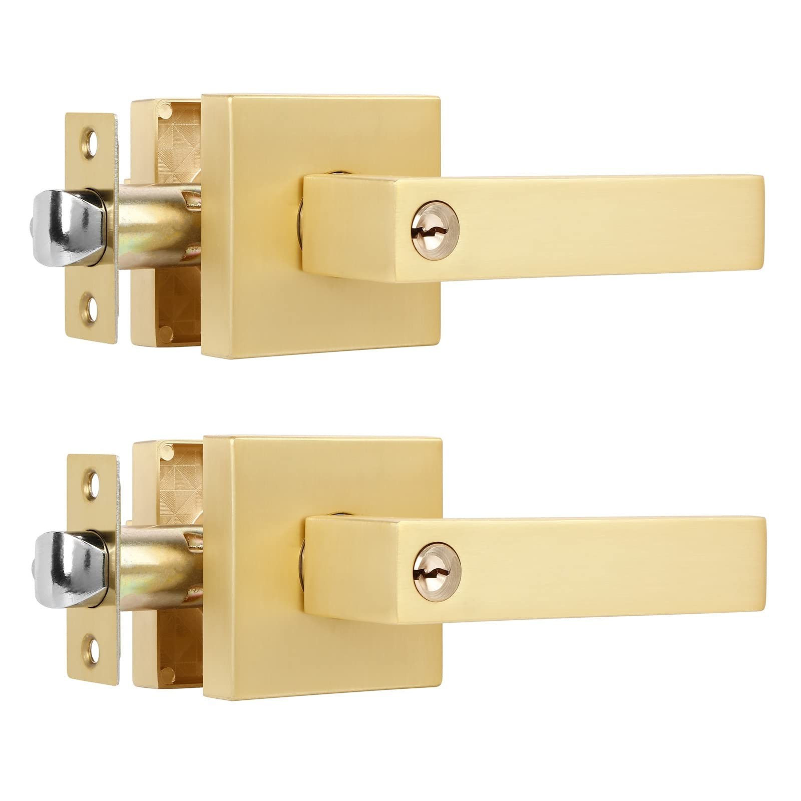 2 Pack Gold Door Handles Interior with Keys(Keyed Alike), Exterior Door Handl...