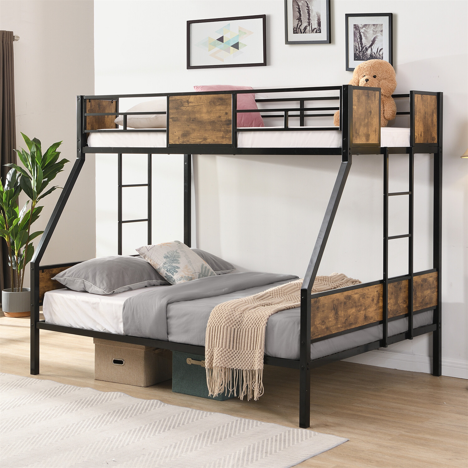 Twin Over Full Bunk Bed Heavy Duty Metal Bunk Bed Frame with 2 Ladder Black