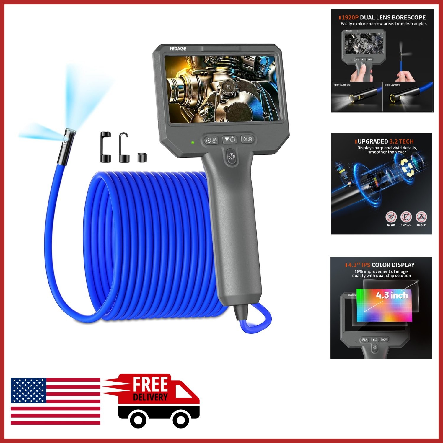 Endoscope Camera with 11.5FT Cable and 1920P HD for Car Engine Inspection