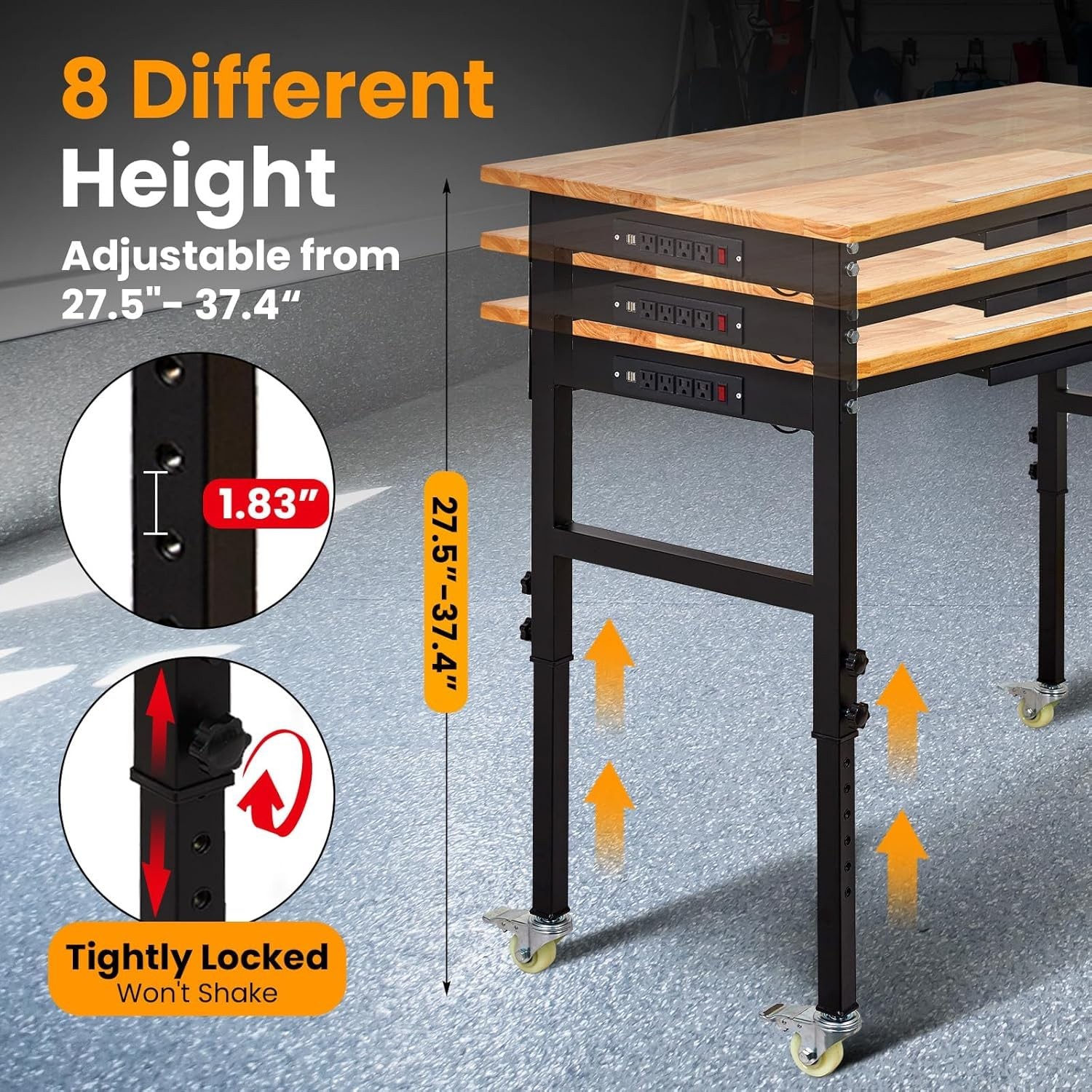 Adjustable Height Workbench 60"x24" Work Bench Table with Power Outlet & Drawers