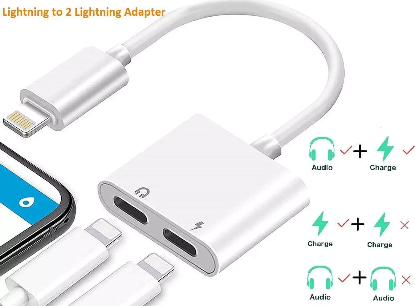 [Apple MFi Certified] 2PACK IPhone Lightning To 2 Lightning Adapter, Dual AUX +