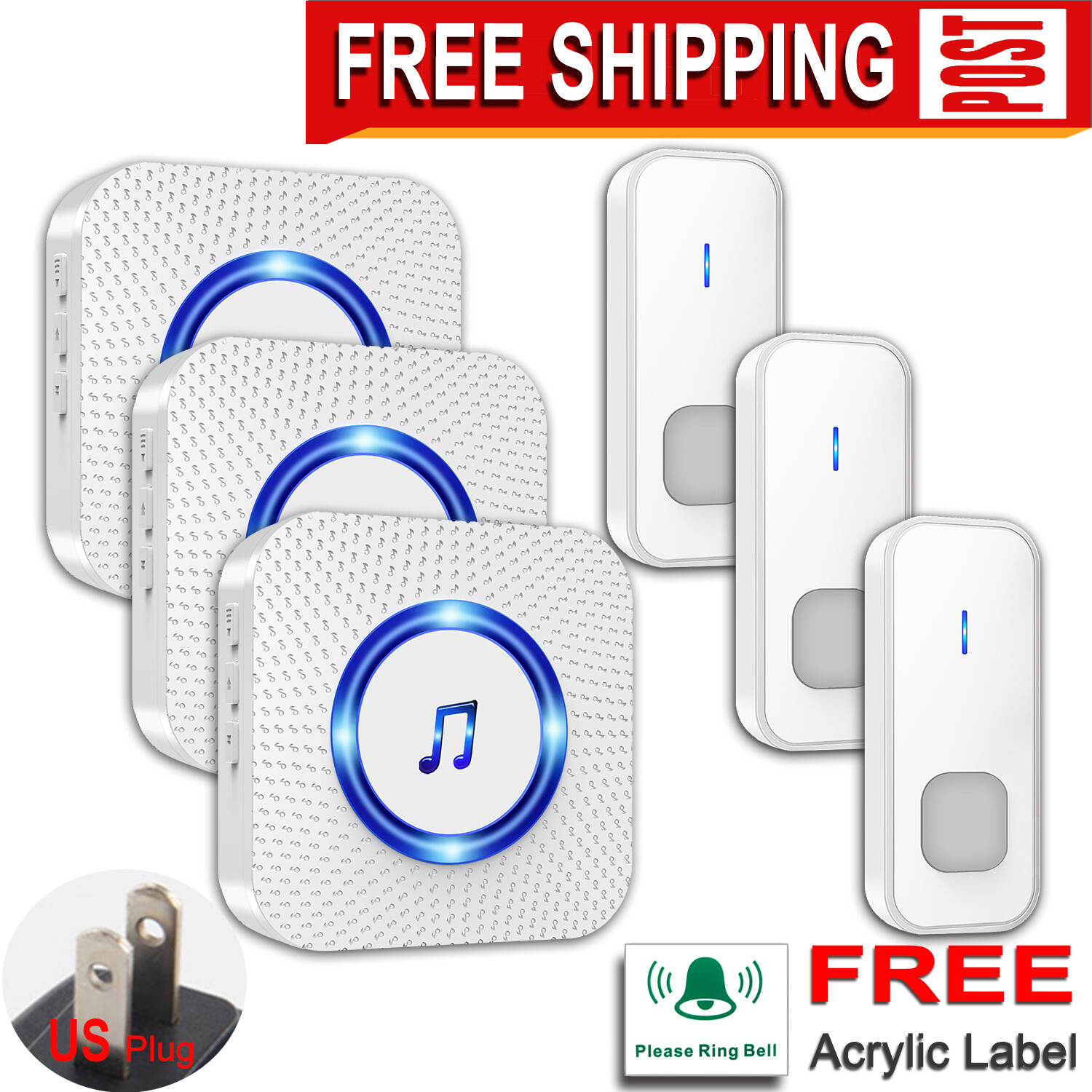 3 call buttons + 3 Room ringers, cordless Doorbell,wireless,white,waterproof