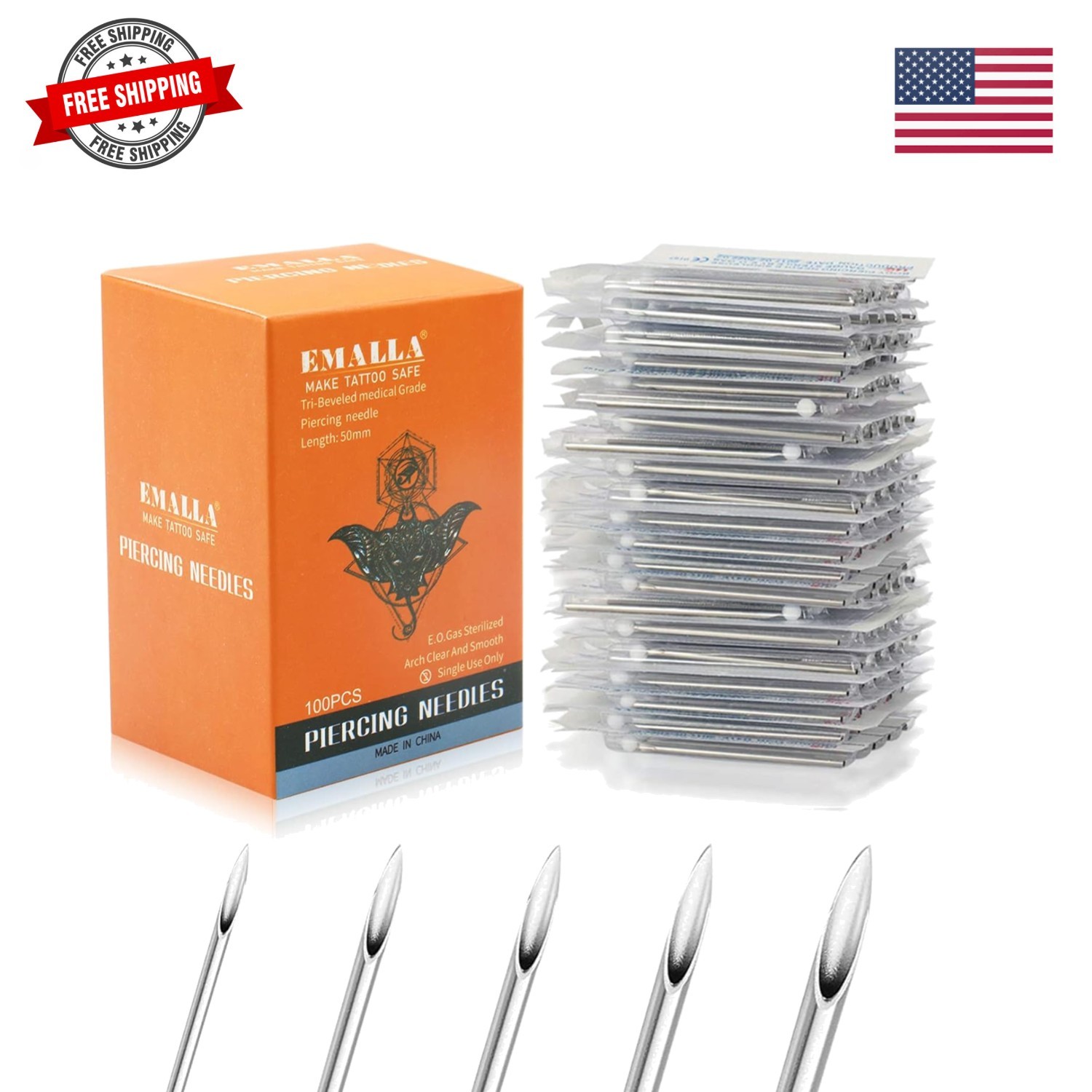 Piercing Needles 100Pcs - Mixed Sterile 316L Stainless Steel Hollow Needles f...