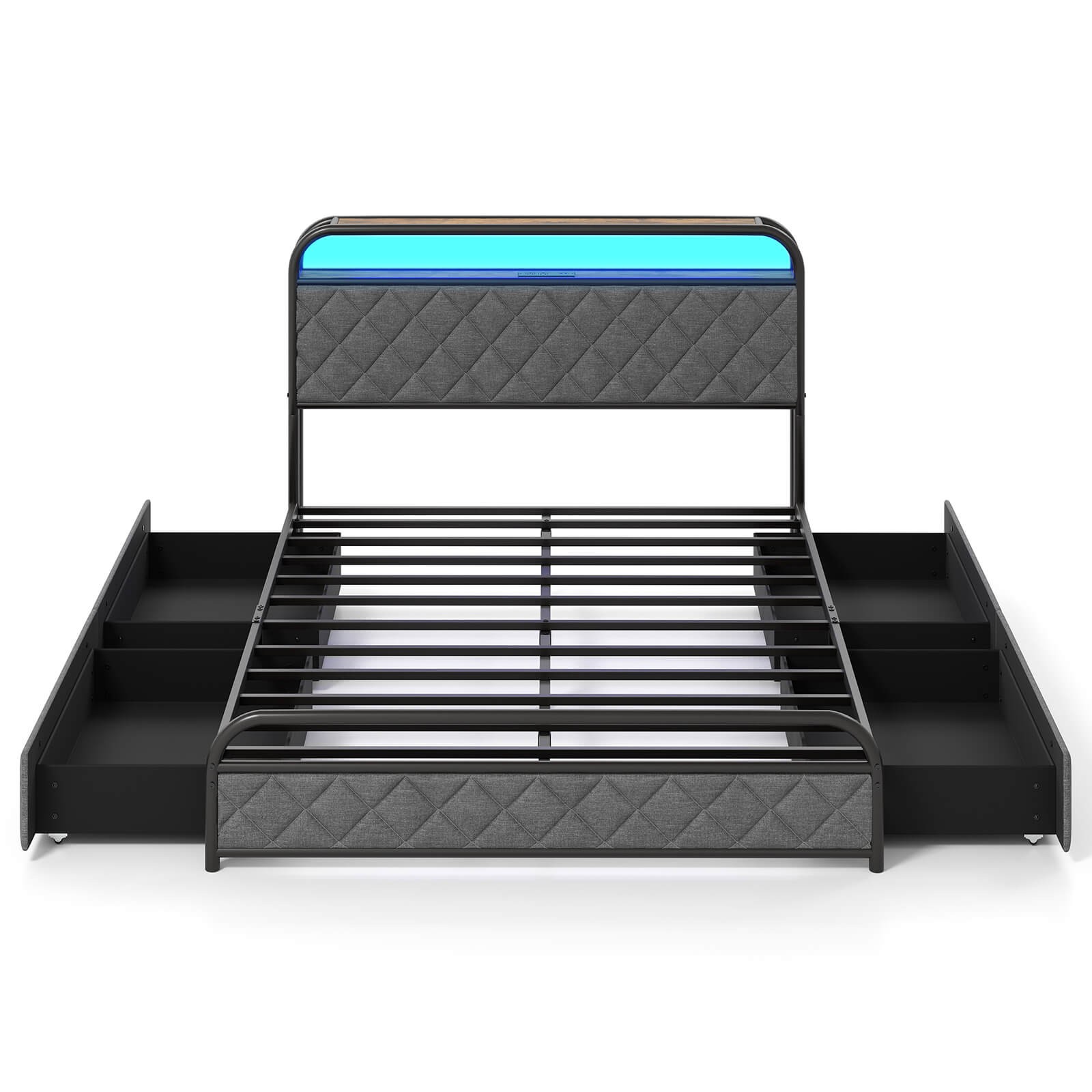 Full Size Bed Frame with LED Lights & Charging Station Storage Headboard