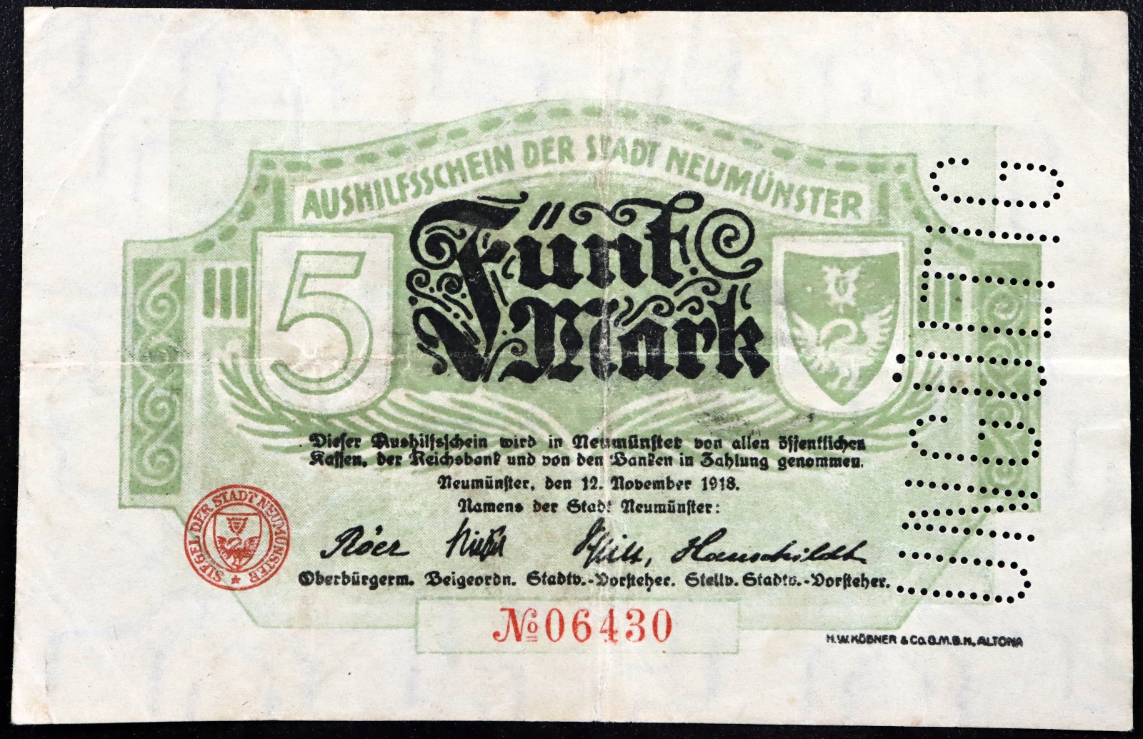 NEUMÜNSTER 1918 5 Mark Grossnotgeld German Notgeld Banknote