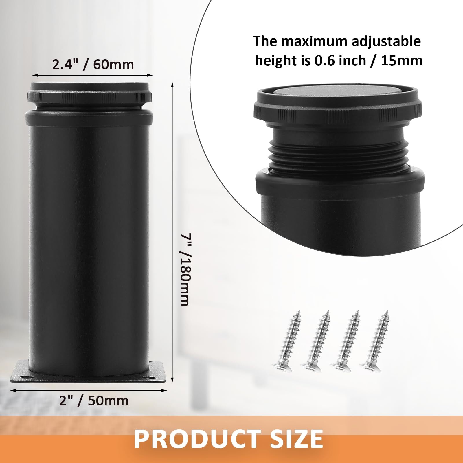 7 Inch Adjustable Furniture Legs Set of 4 Stainless Steel Cabninet Legs Black...