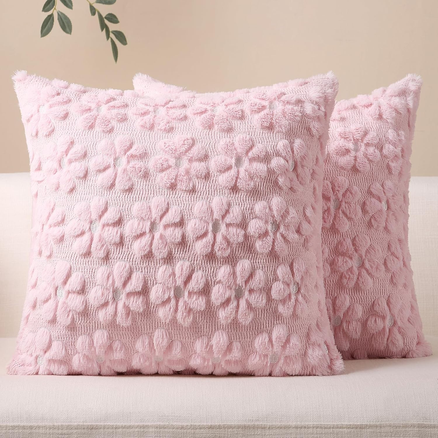Chic 18x18 Faux Fur Throw Pillow Covers - Set of 2 Floral Design for Summer
