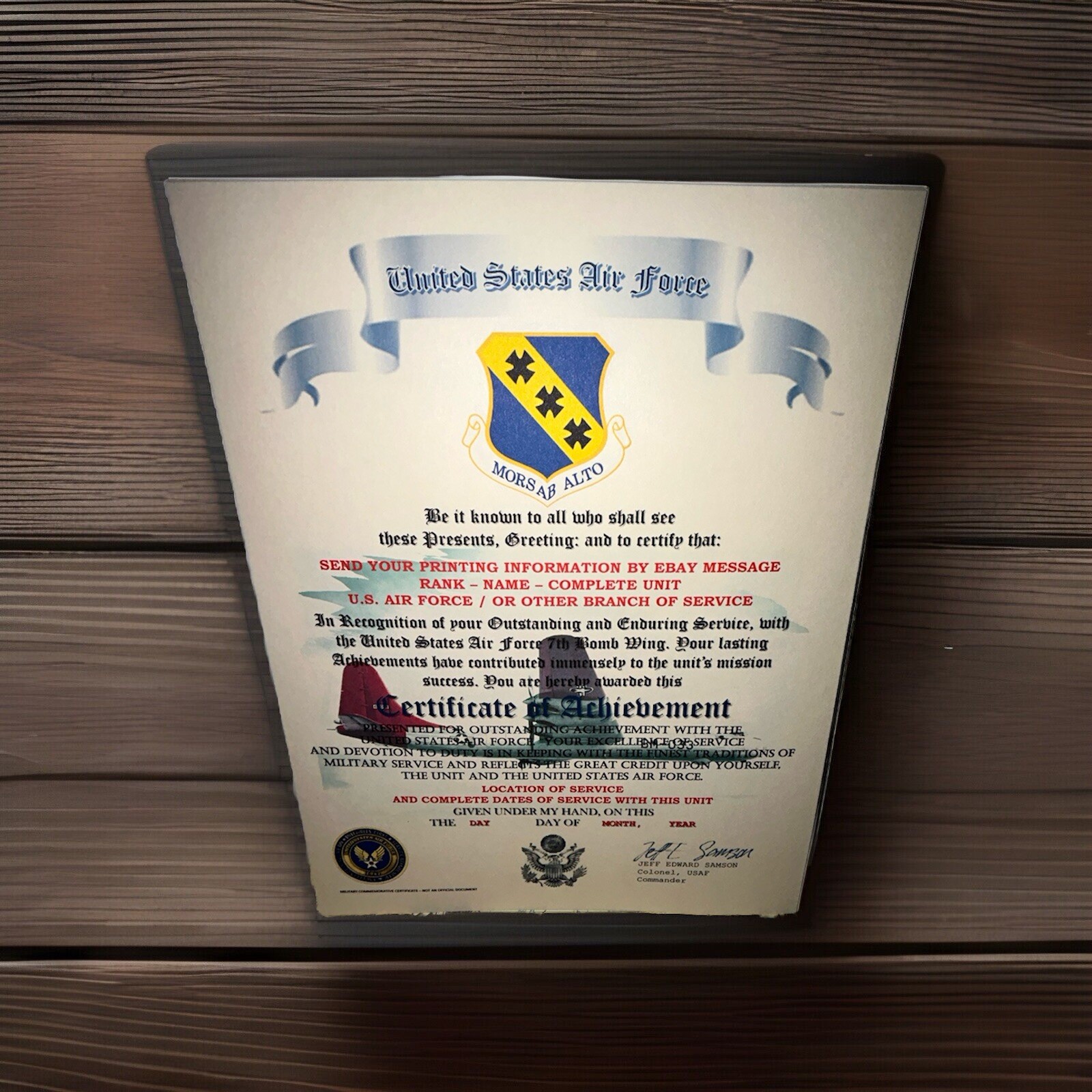 U.S.A.F. / AIR FORCE 7TH BOMB WING - CERTIFICATE OF ACHIEVEMENT
