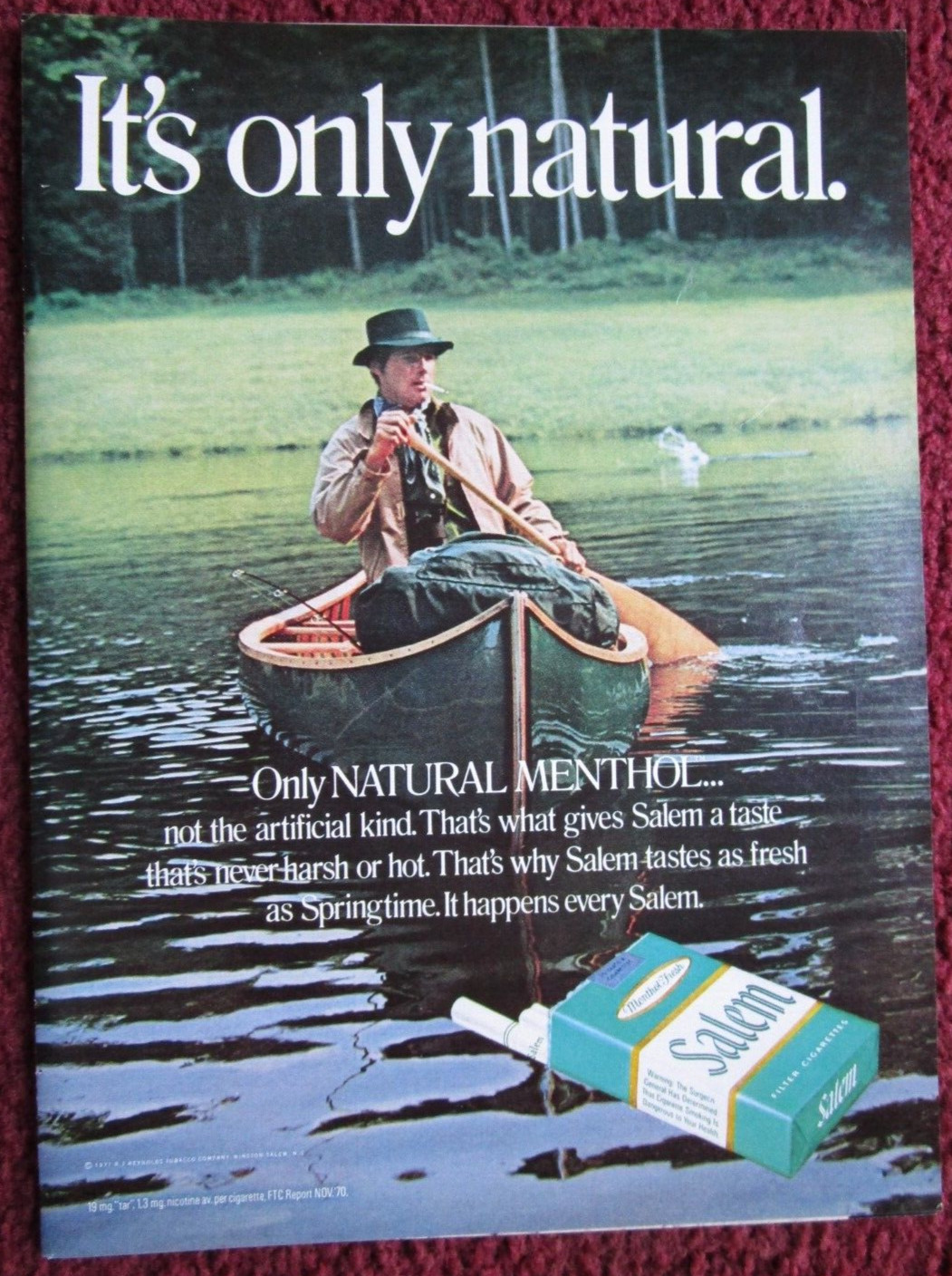 1971 SALEM Cigarettes Tobacco Print Ad ~ It's Only Natural, Canoe, Kayak on Lake