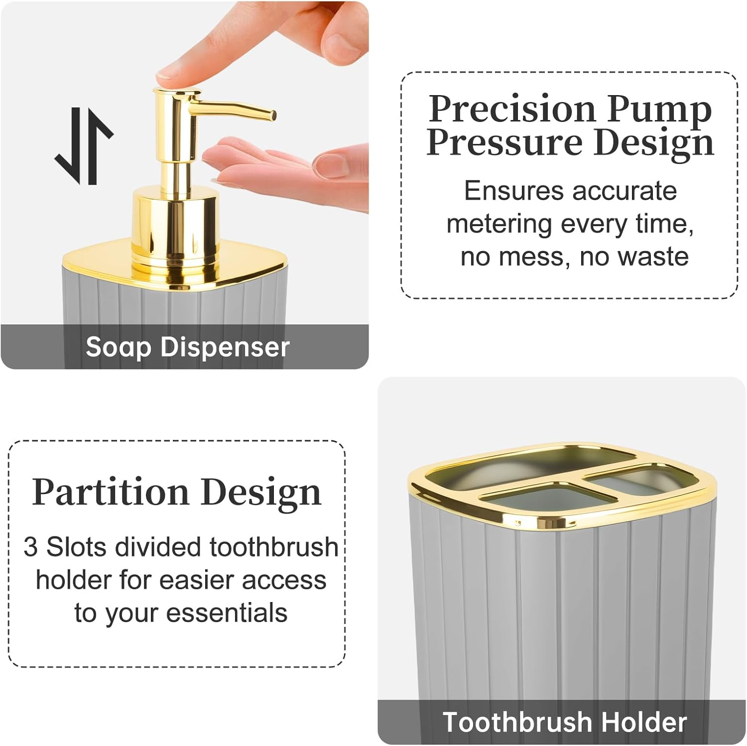 2PCS Bathroom Accessories Set, Grey Bathroom Accessories Include Soap Dispenser