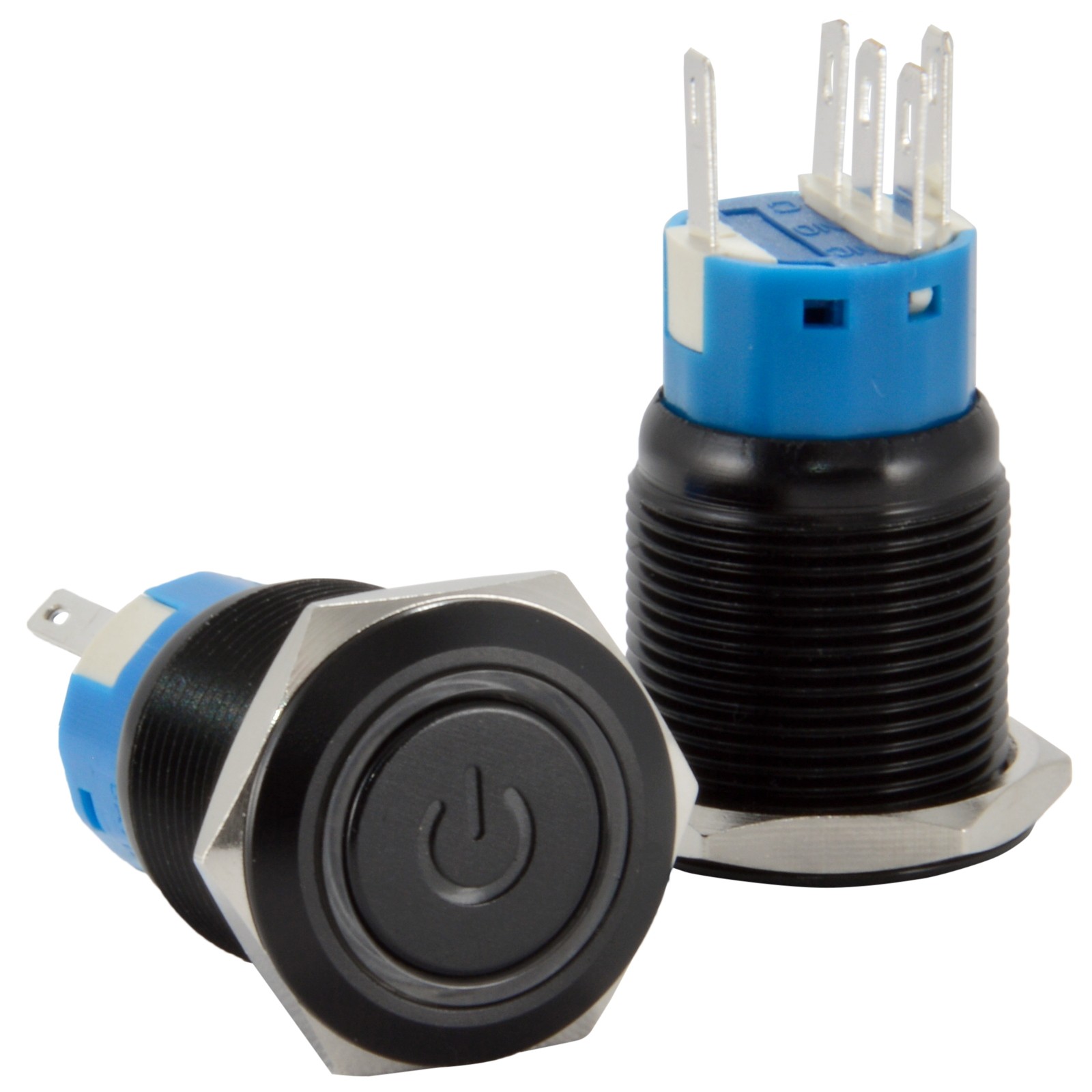 19mm 12V Latching Push Button Power Switch Black Metal Blue LED Waterproof