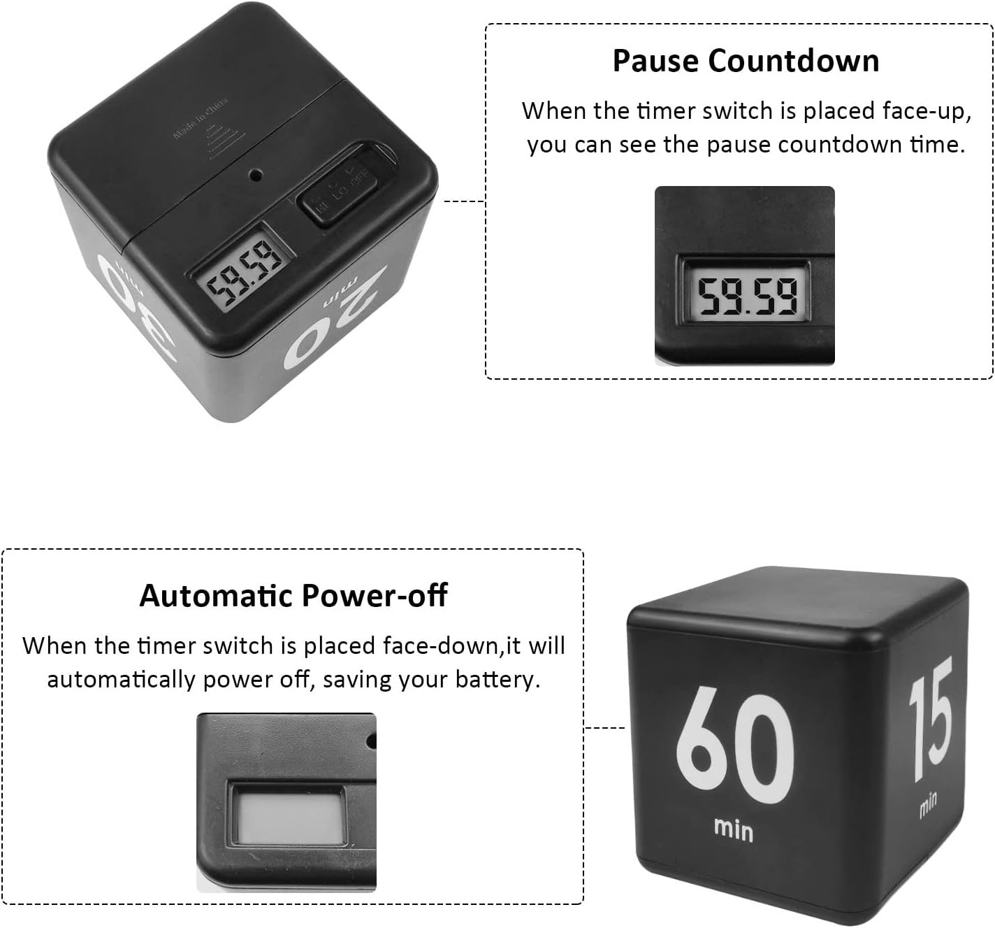 Versatile Black Cube Timer: 15-60 Minute Preset for Learning, Cooking & Games