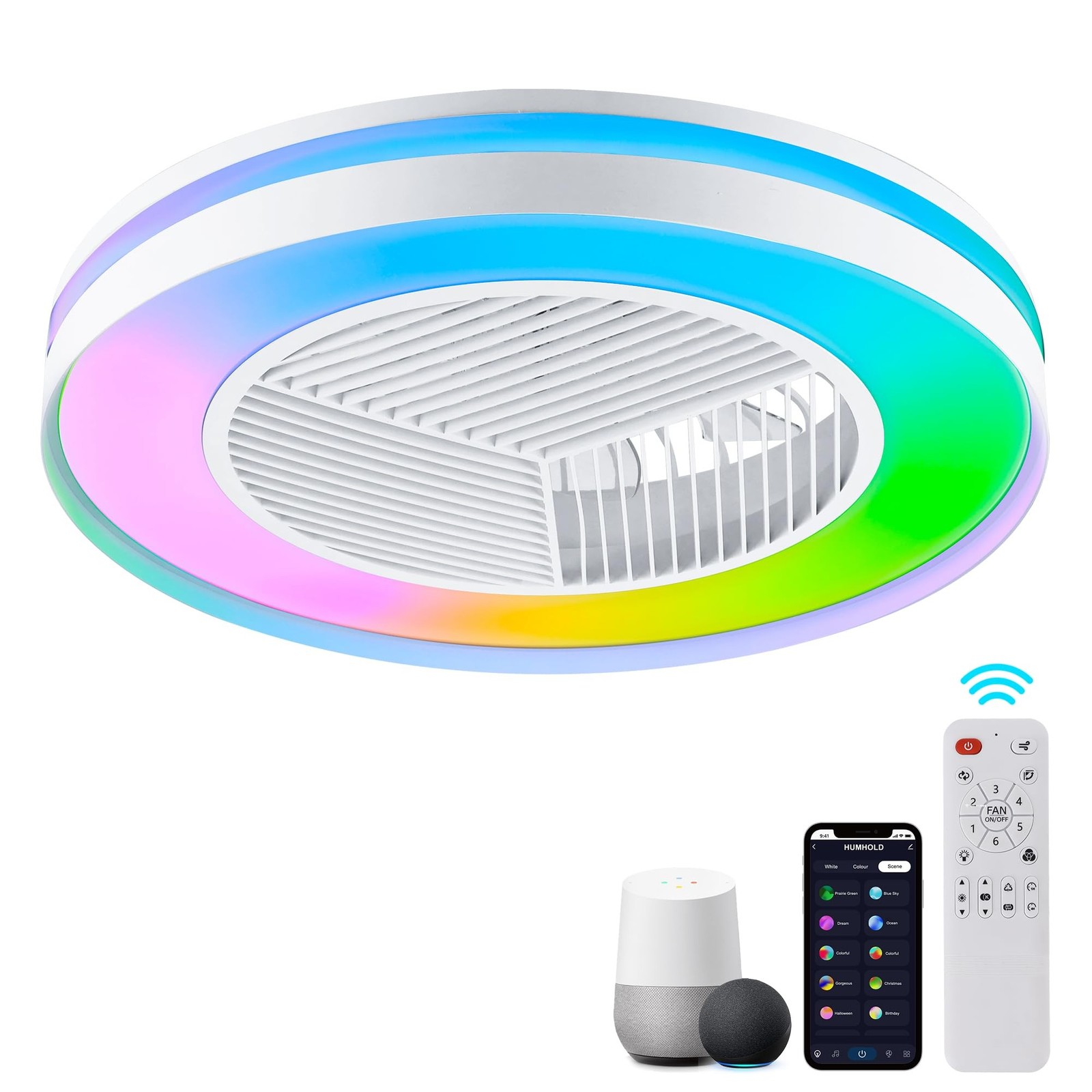 Smart Low Profle Ceiling Fans with RGB Lights Remote/APP/Voice Control, 20" B...