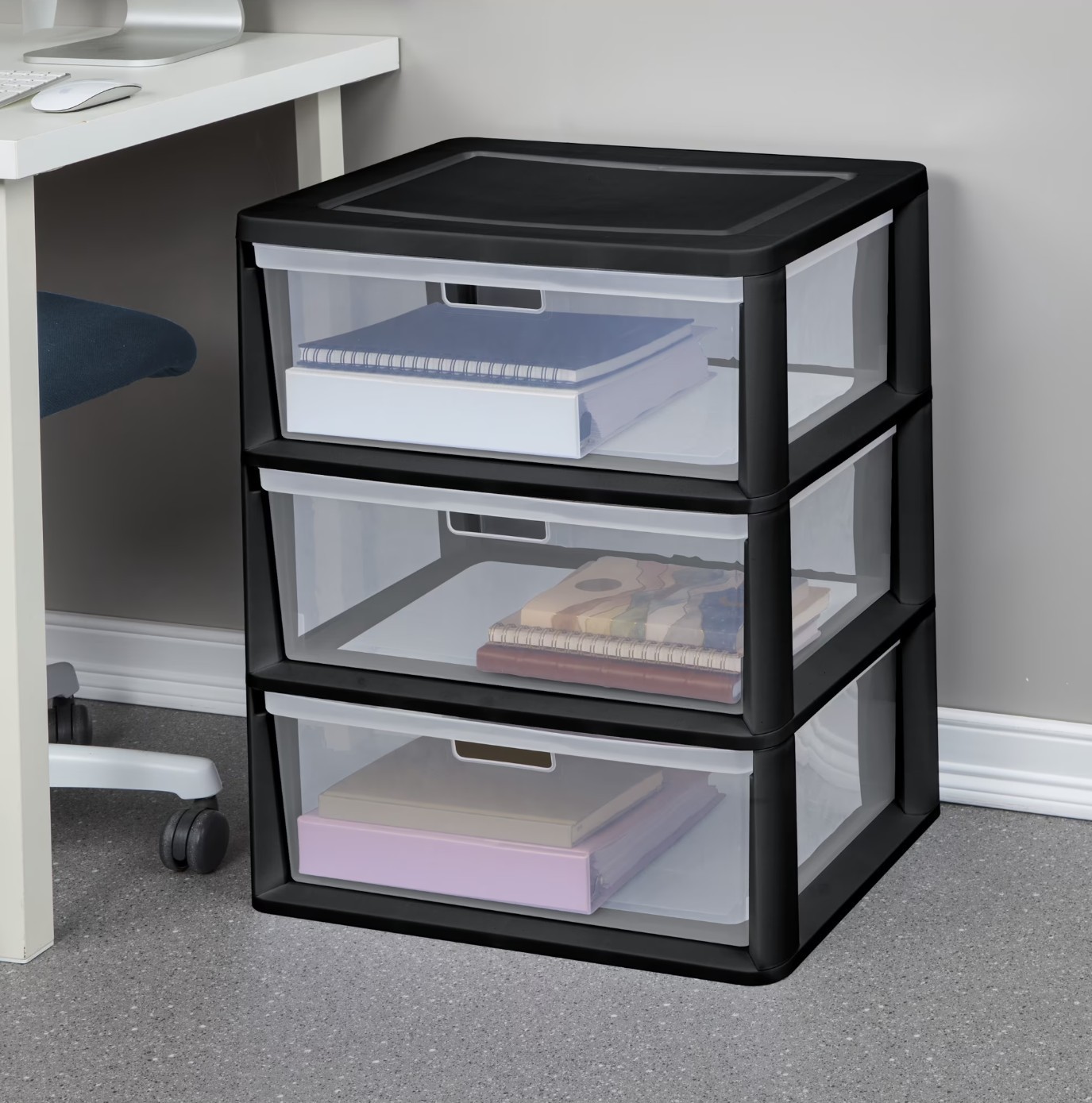 (2 pack) Sterilite Wide 3 Drawer Tower, Plastic Storage Organizer , Black