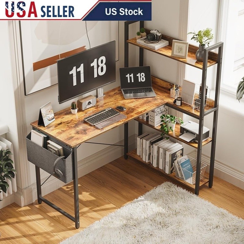 L Shaped Computer Corner Desk W/ Ample Storage Small Spaces Home Office New