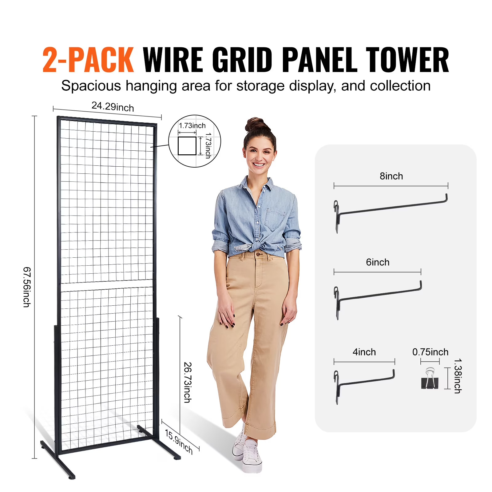 24" x 67" Dual Grid Wall Panels Set, Includes 2 Wire Display Racks with Stable T