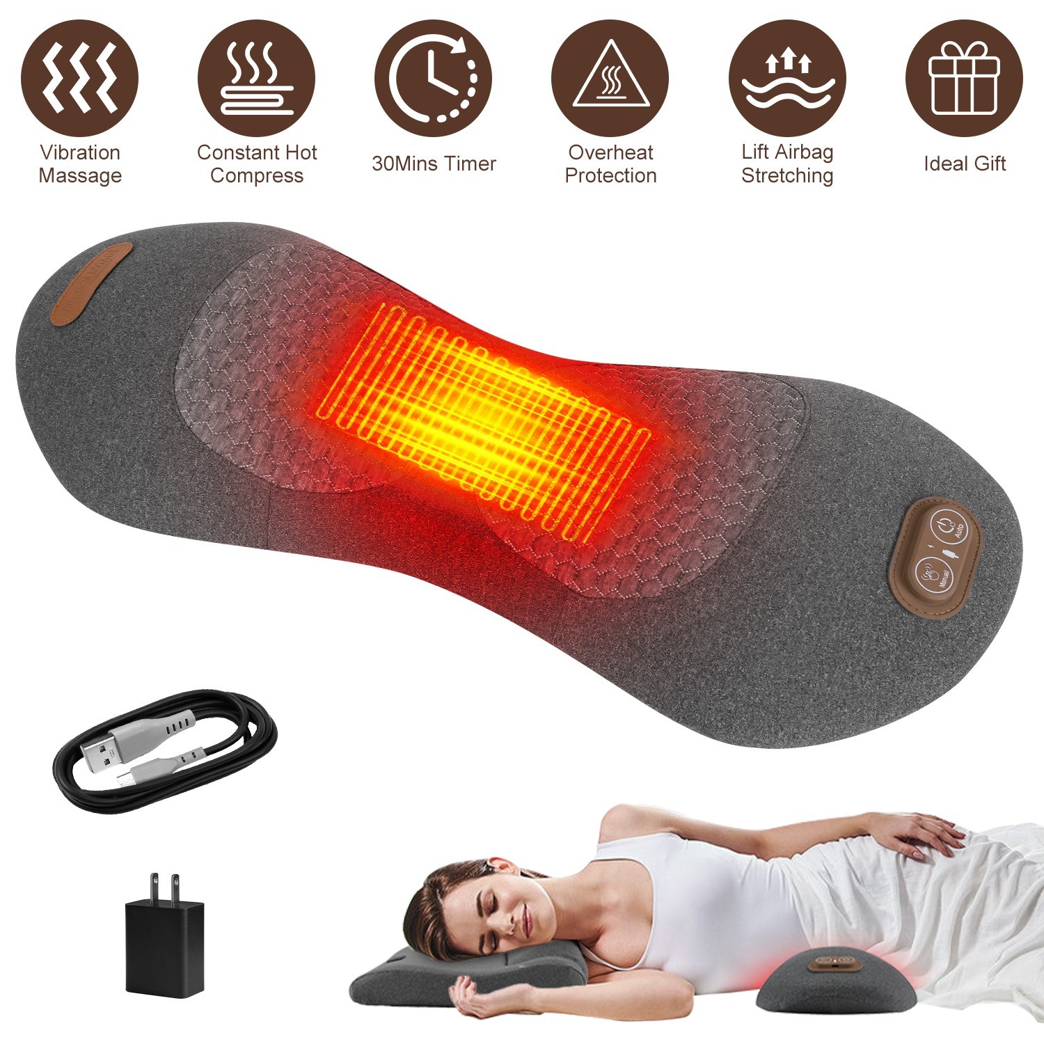 3 In 1 Electric Lumbar Massager Support Pillow Memory Foam Lower Back Massager